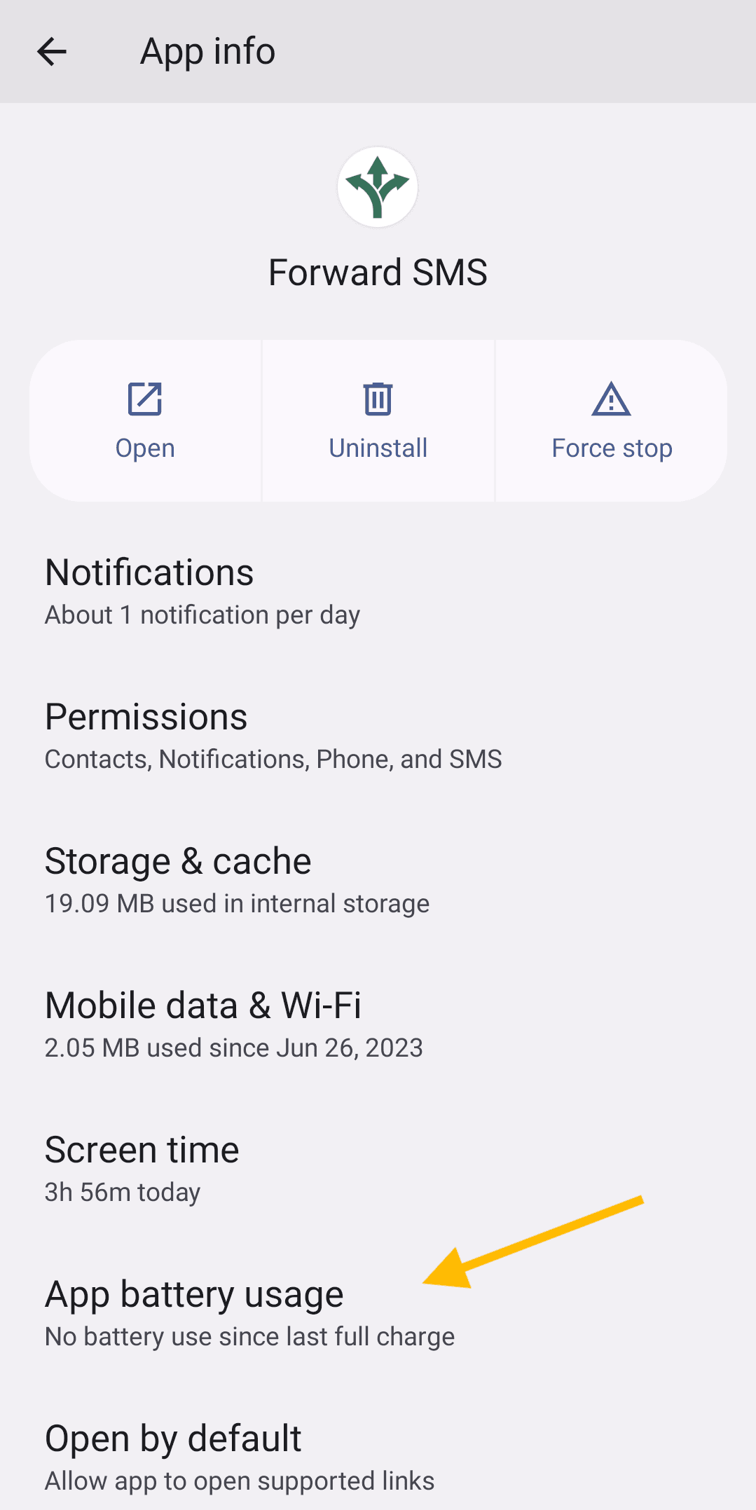 Select app battery usage option from the app settings