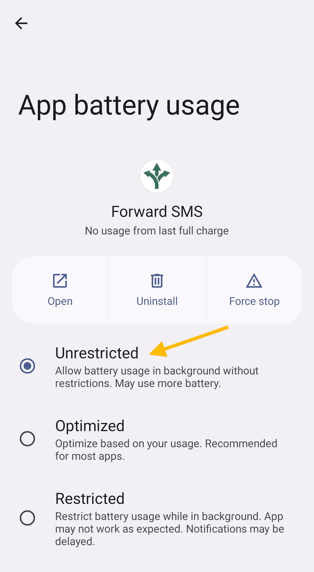 Selecting unrestricted option from the battery settings