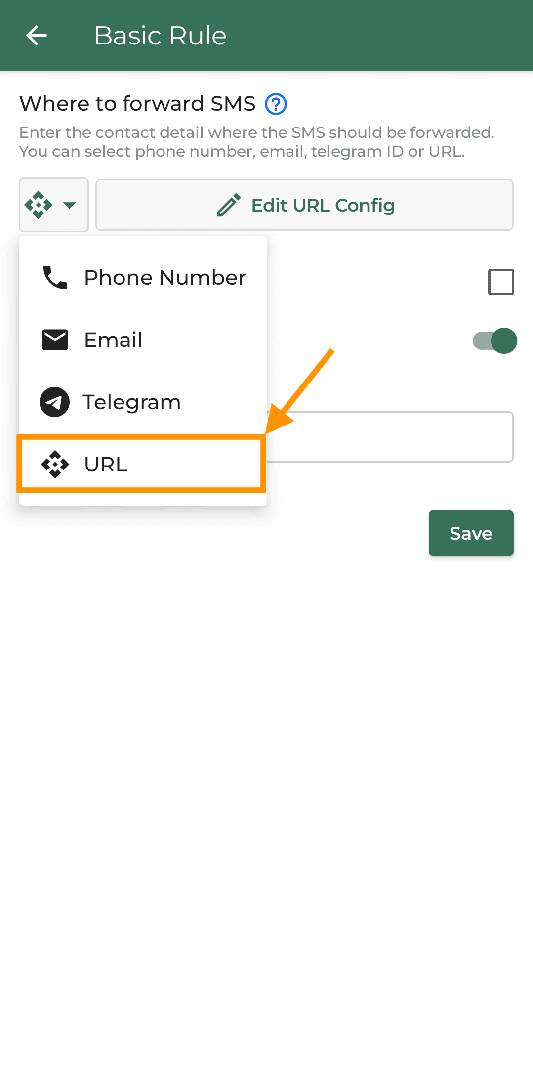 Selecting URL from the options available in forward sms application