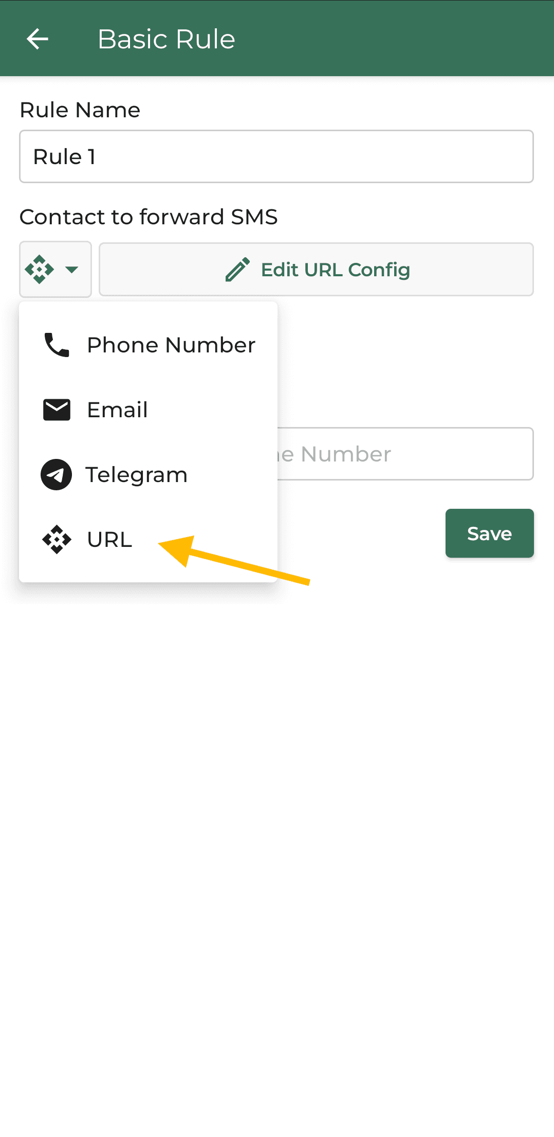 Selecting URL from the options available in forward sms application