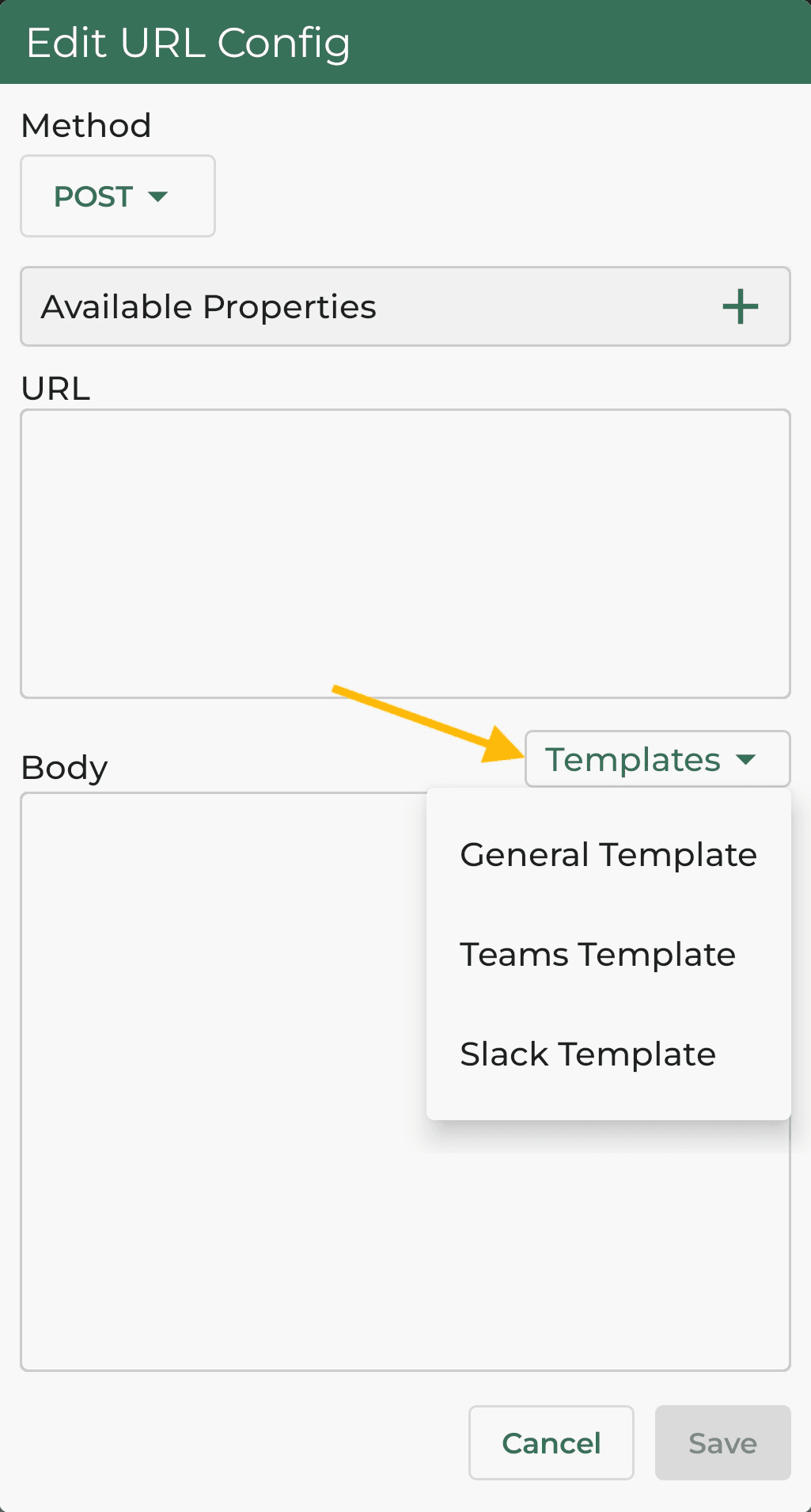 selecting the available template from slack or teams