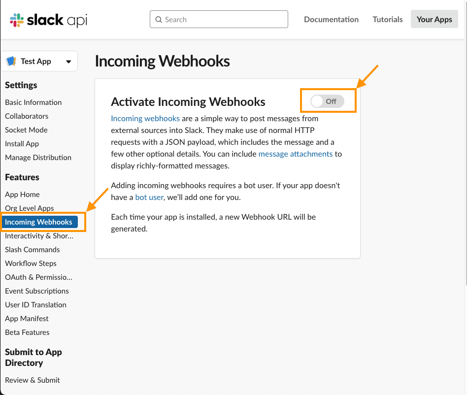 Activating incoming webhooks in the Slack app settings