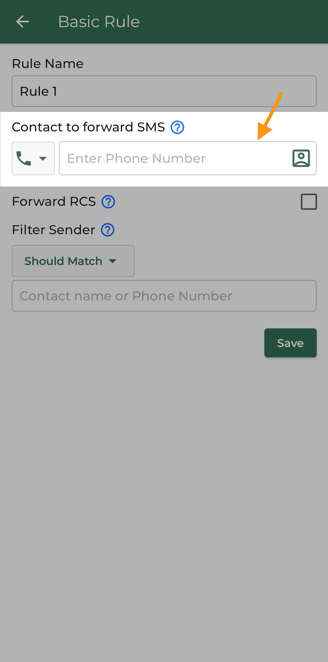 enter phone number where SMS needs to be forwarded