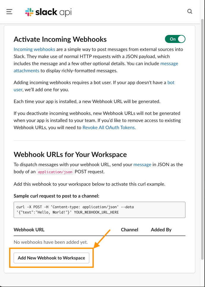The Add New Webhook to Workspace button