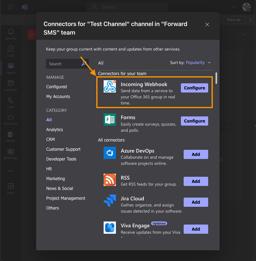 Adding the Incoming Webhook connector