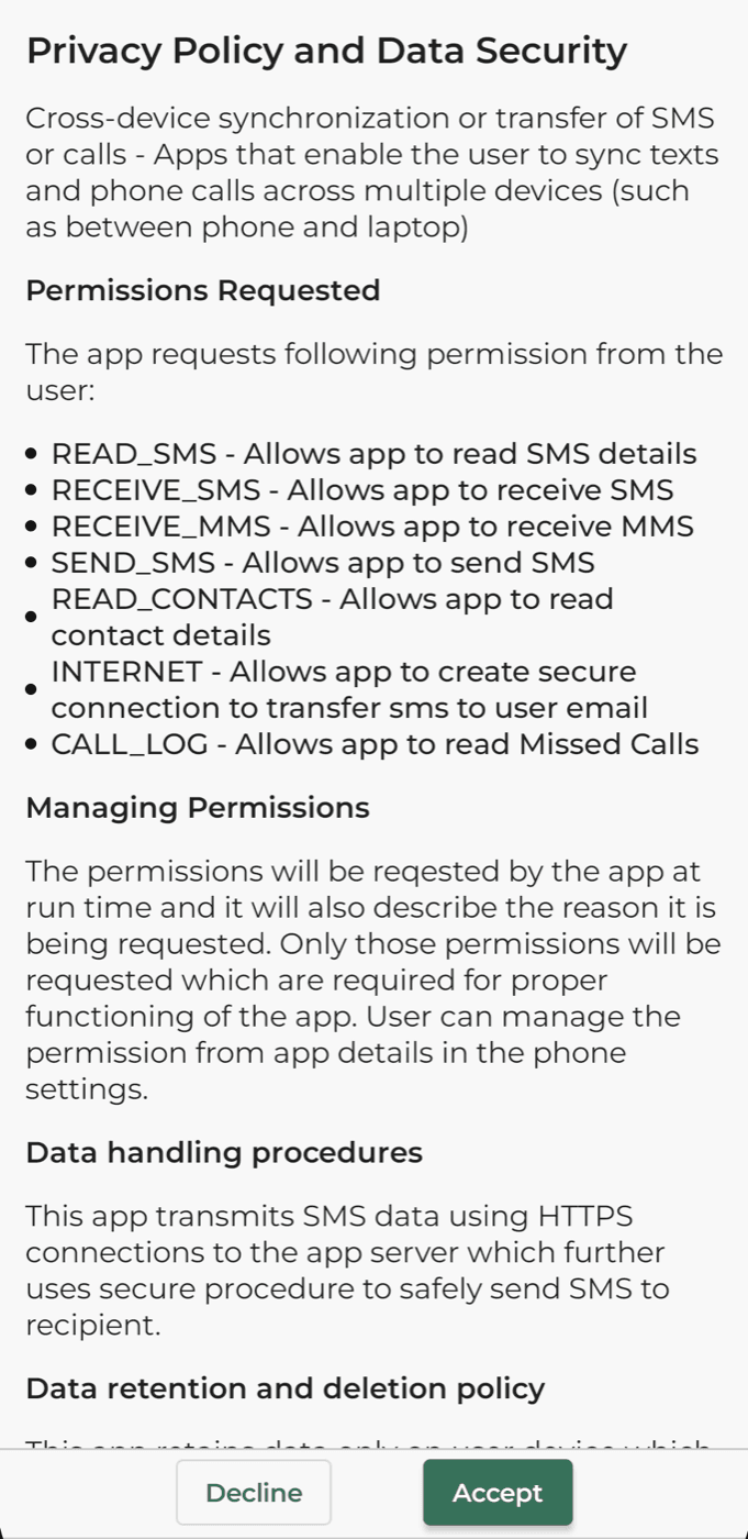 The privacy policy screen in the Forward SMS app