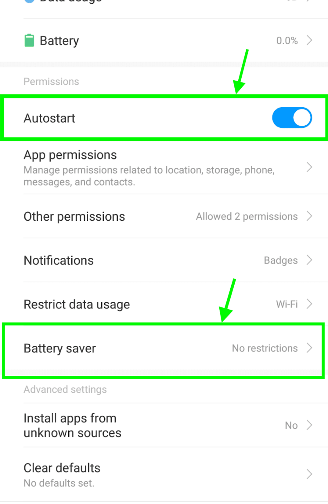 opening app settings to make sure auto start is selected