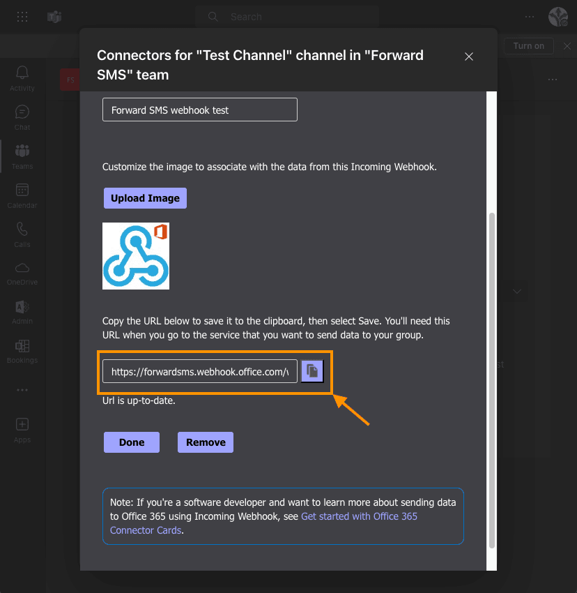 Copying the Teams webhook URL