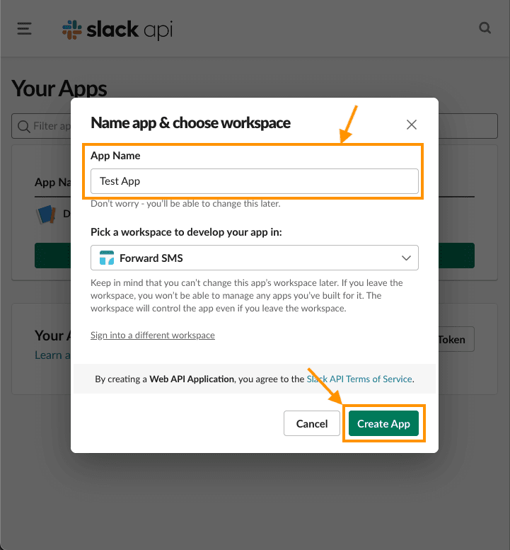 Creating a Slack app by entering the app name and selecting a workspace