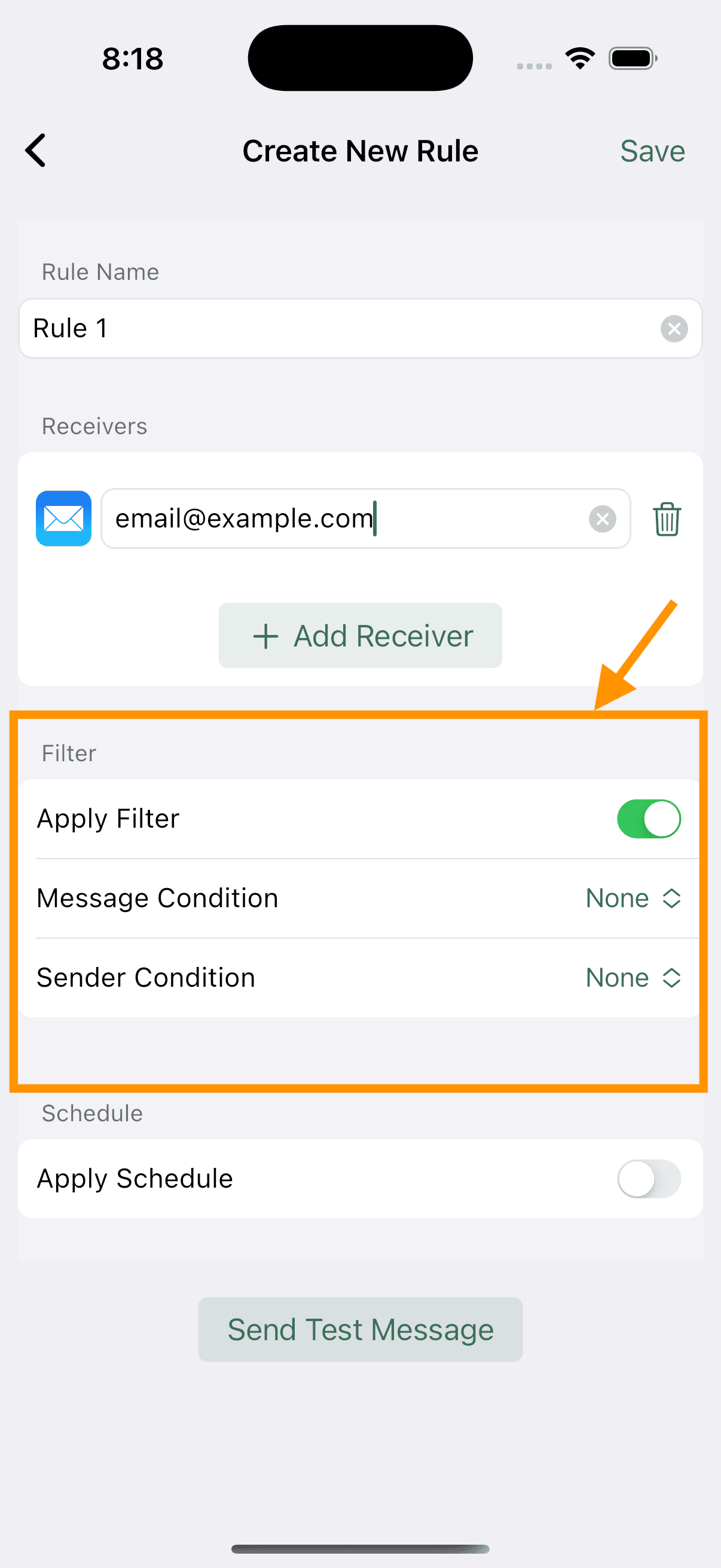 Apply filter based on content or sender