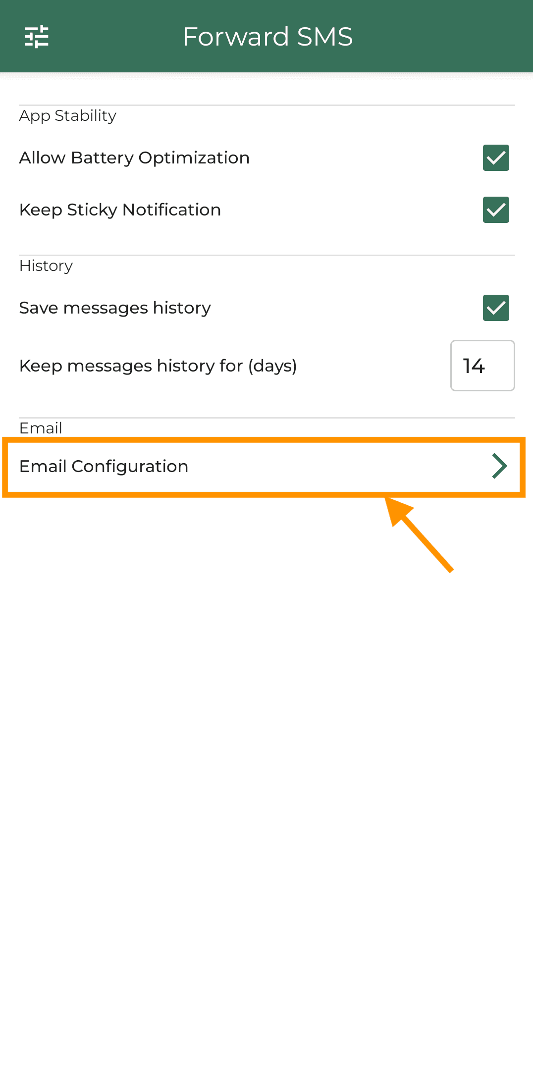 Select the email configuration option