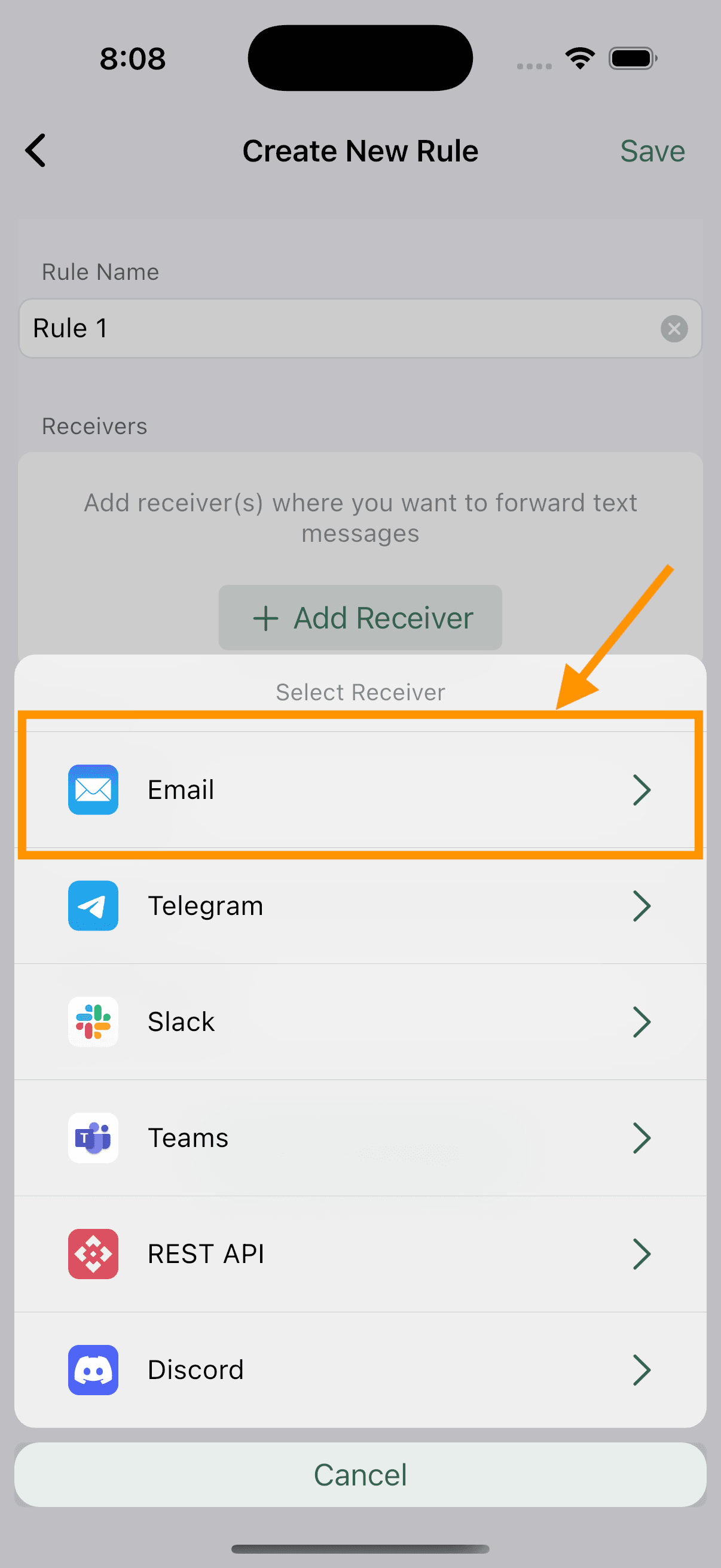select email option from receivers list