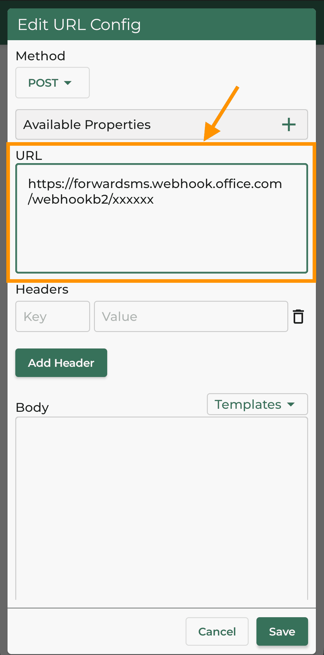 Enter webhook URL provided by teams