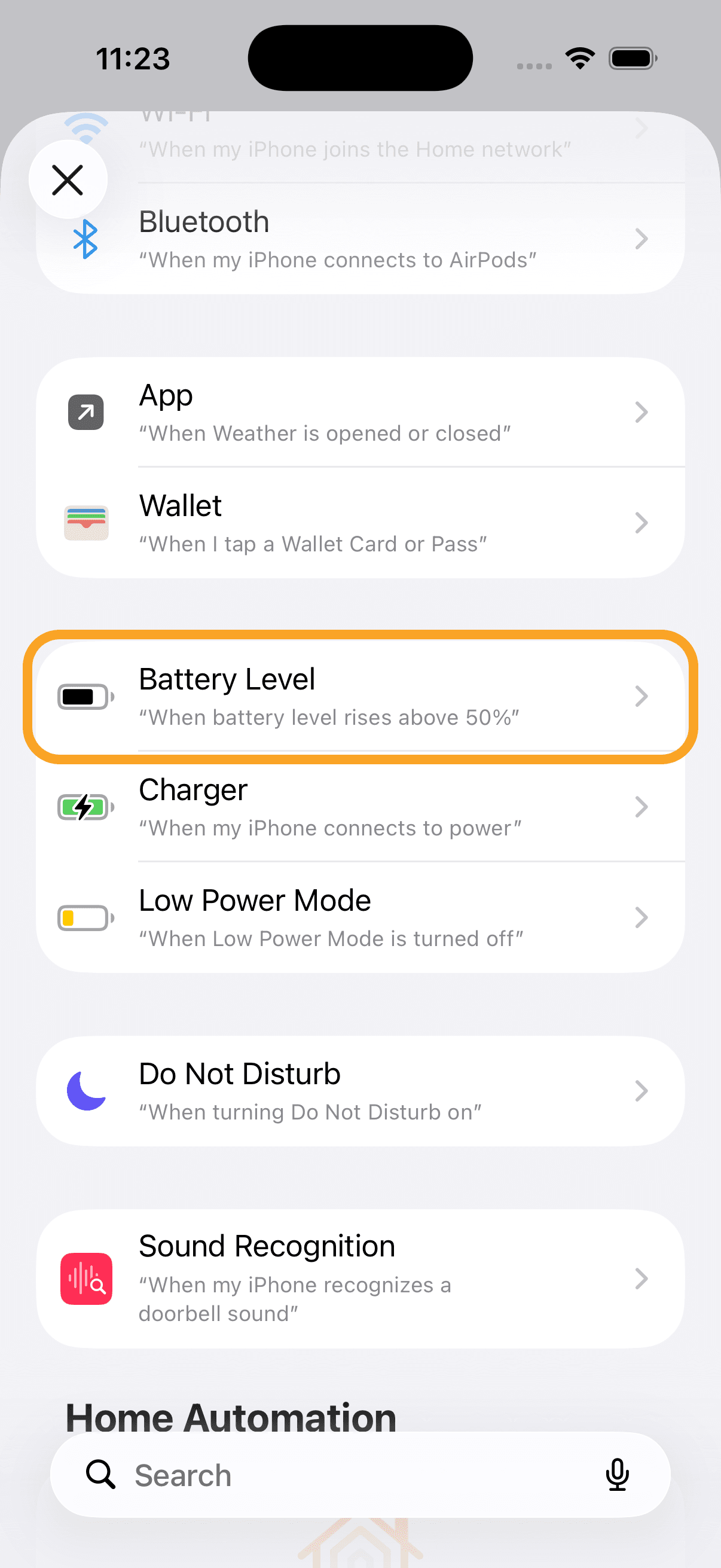 The Battery Level trigger in the automation list