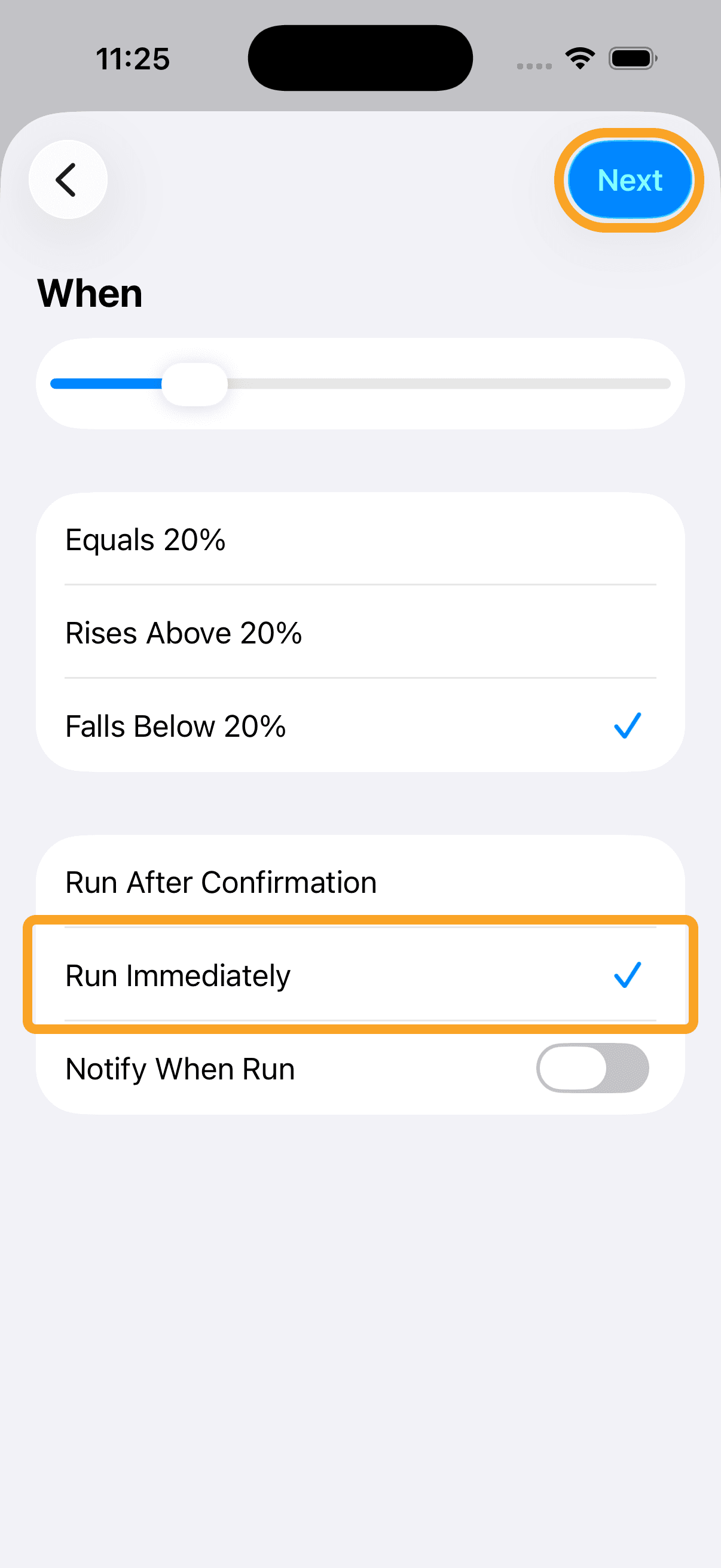 Run Immediately selected and the Next button