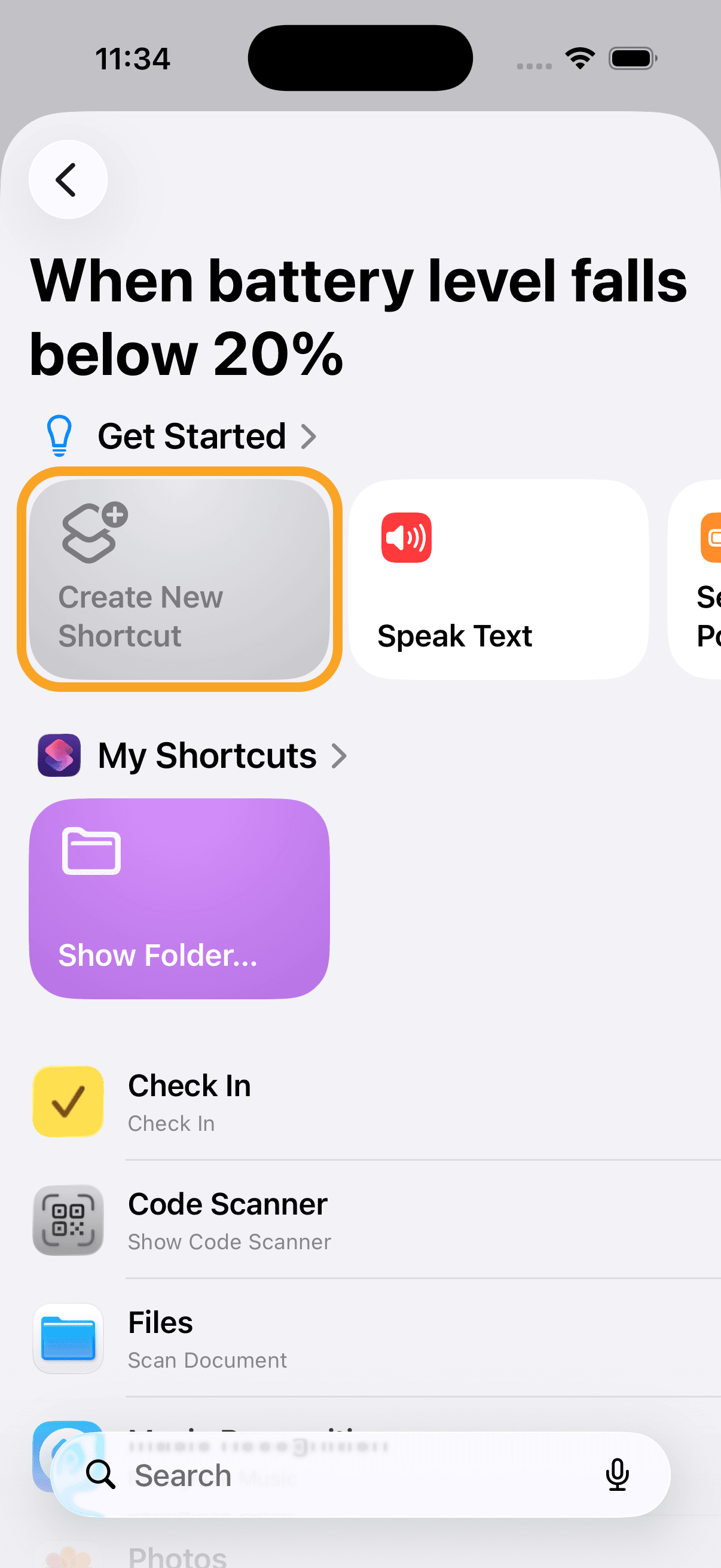 The Create New Shortcut option under Get Started