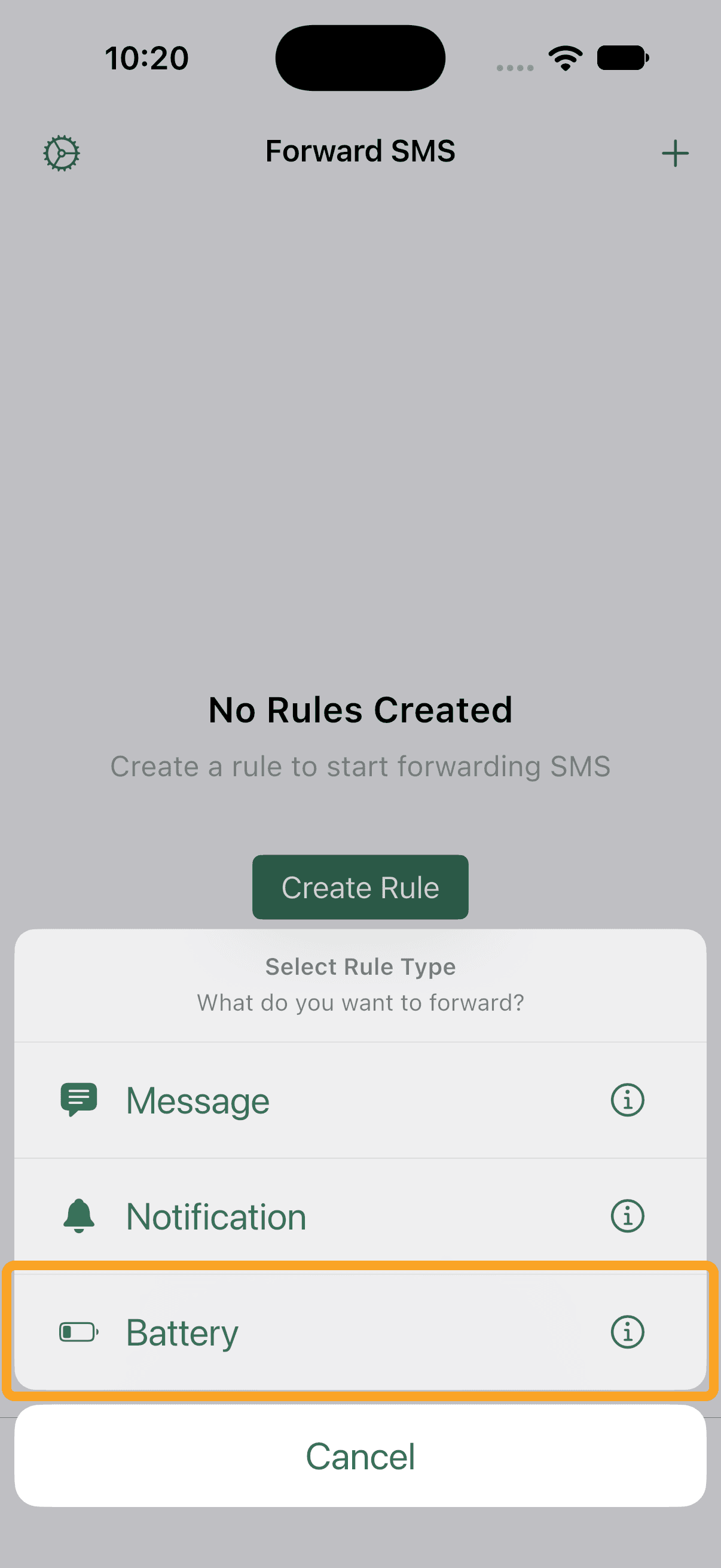 Choosing Battery in the Select Rule Type sheet