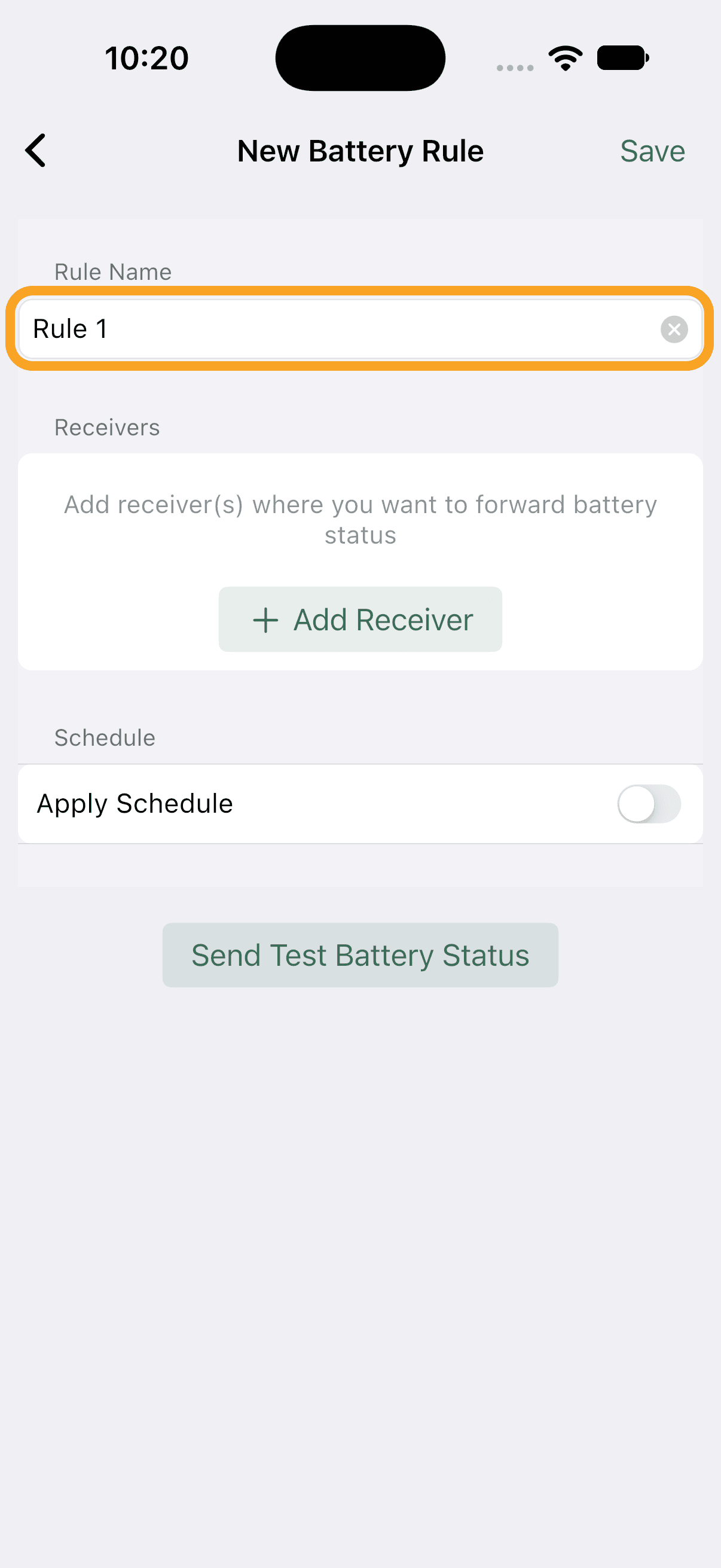 The Rule Name field on a new Battery rule