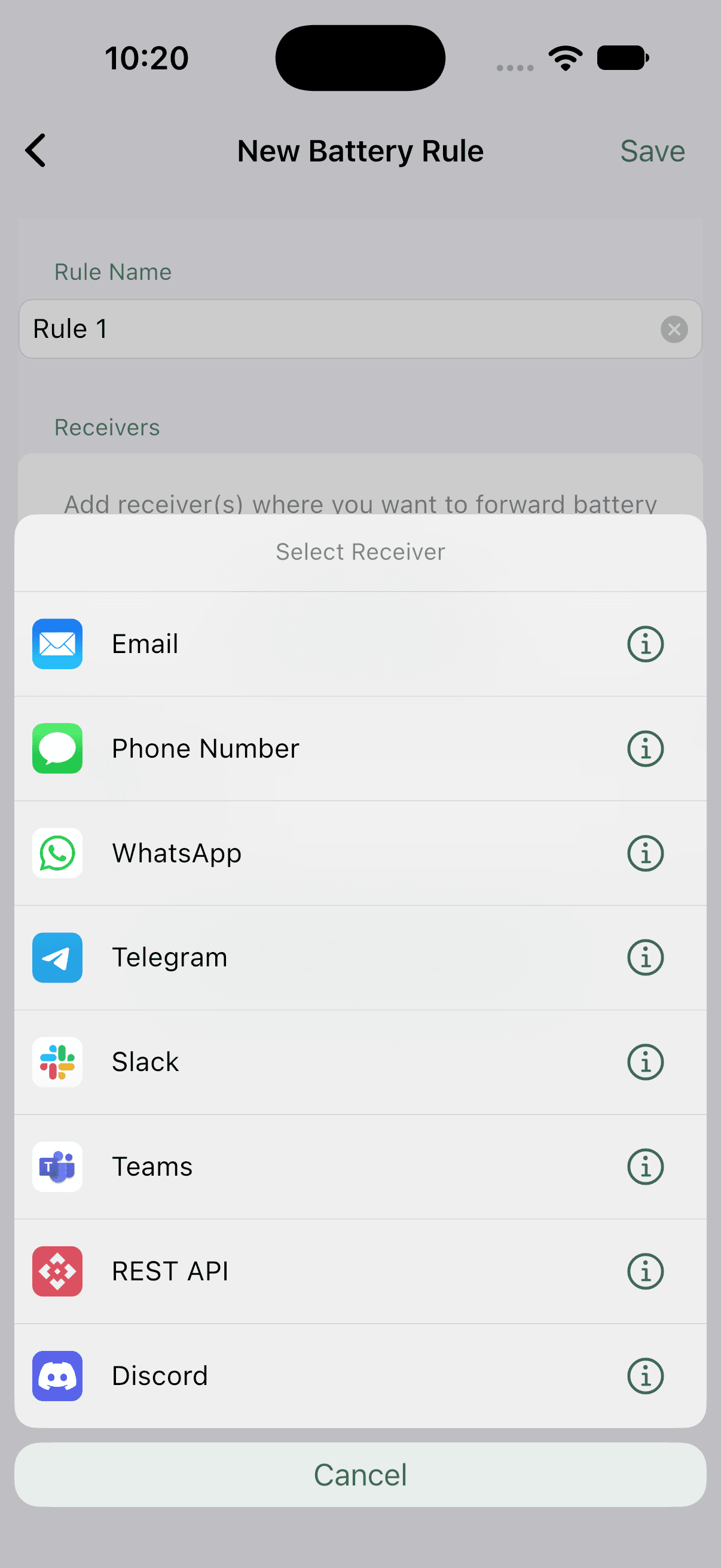 The list of receiver types: Email, Phone Number, WhatsApp, Telegram, Slack, Teams, REST API and Discord