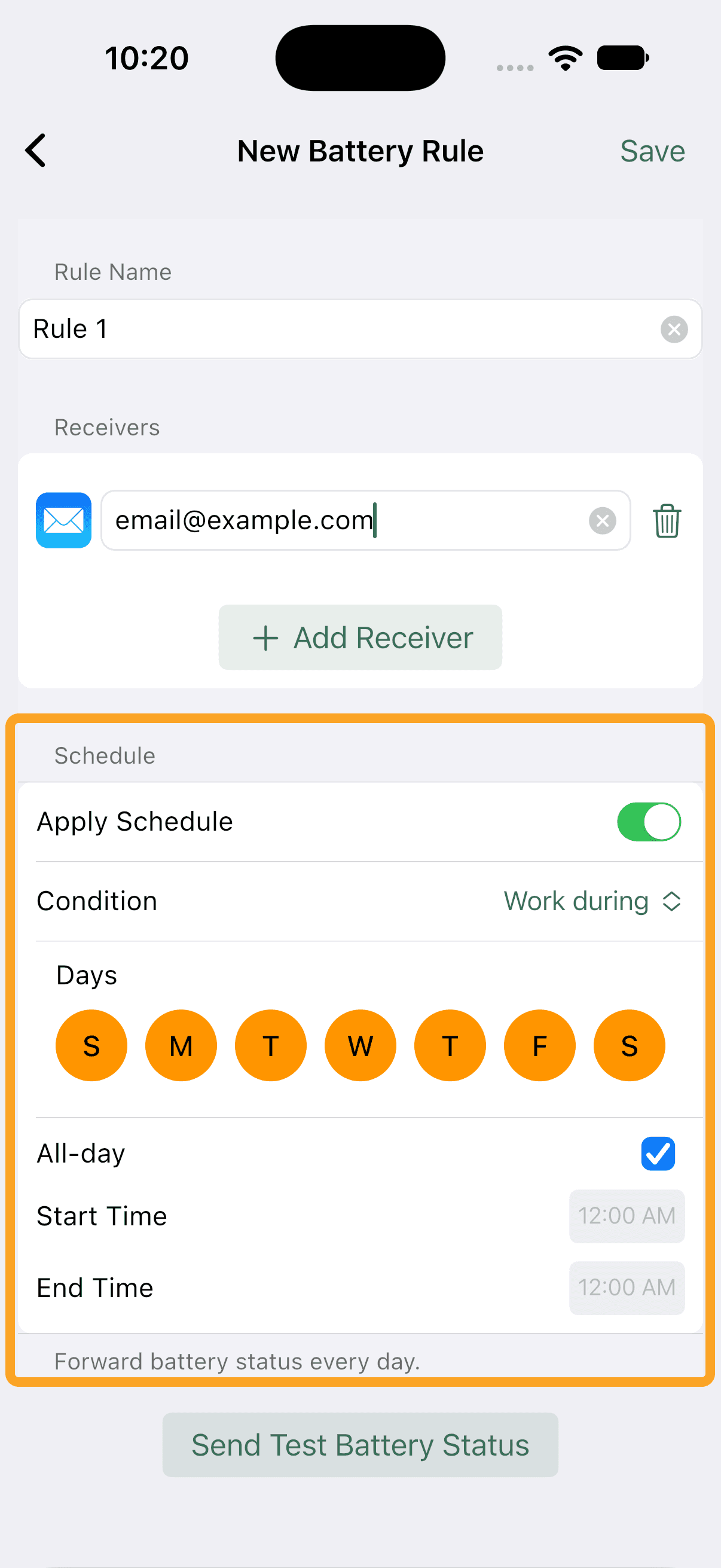 The Schedule section with Apply Schedule turned on, days and time range