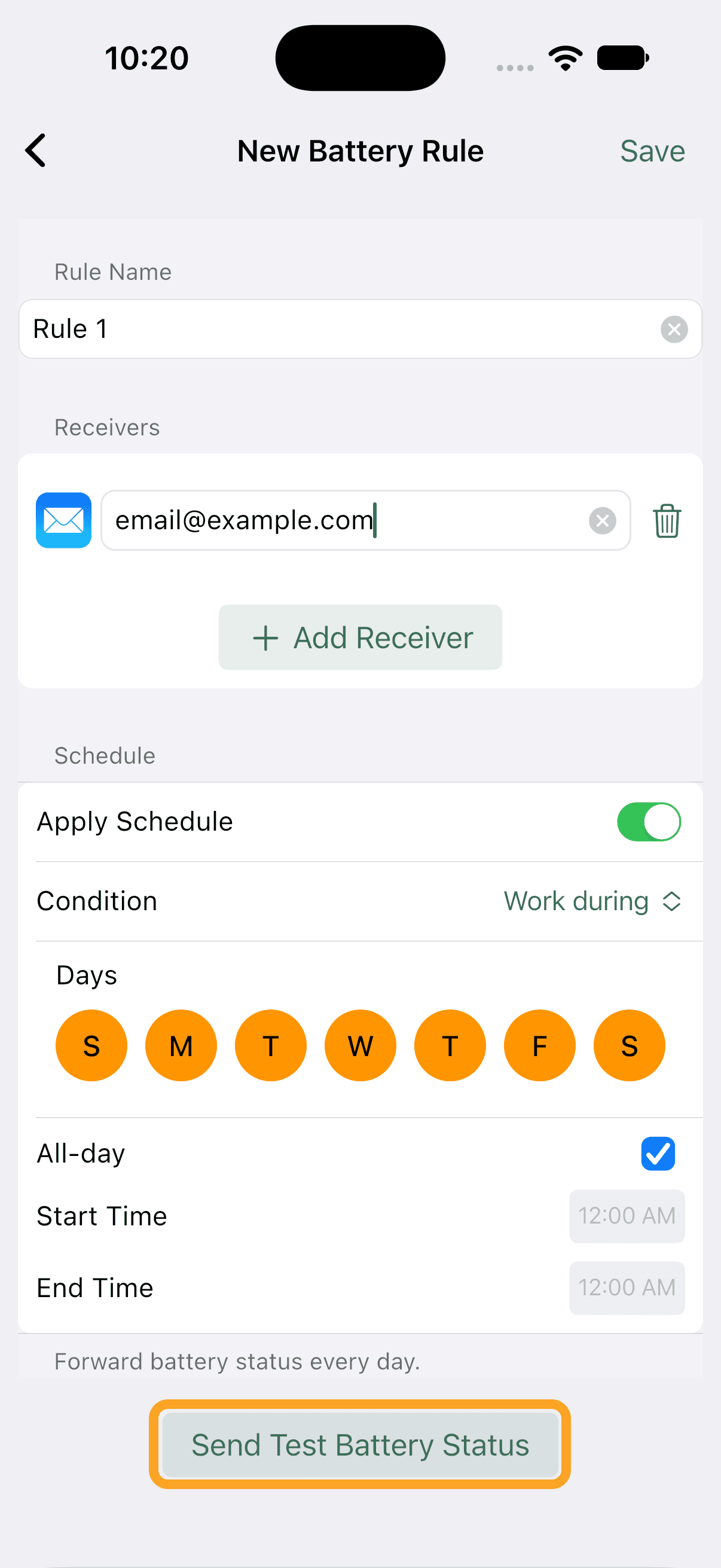 The Send Test Battery Status button