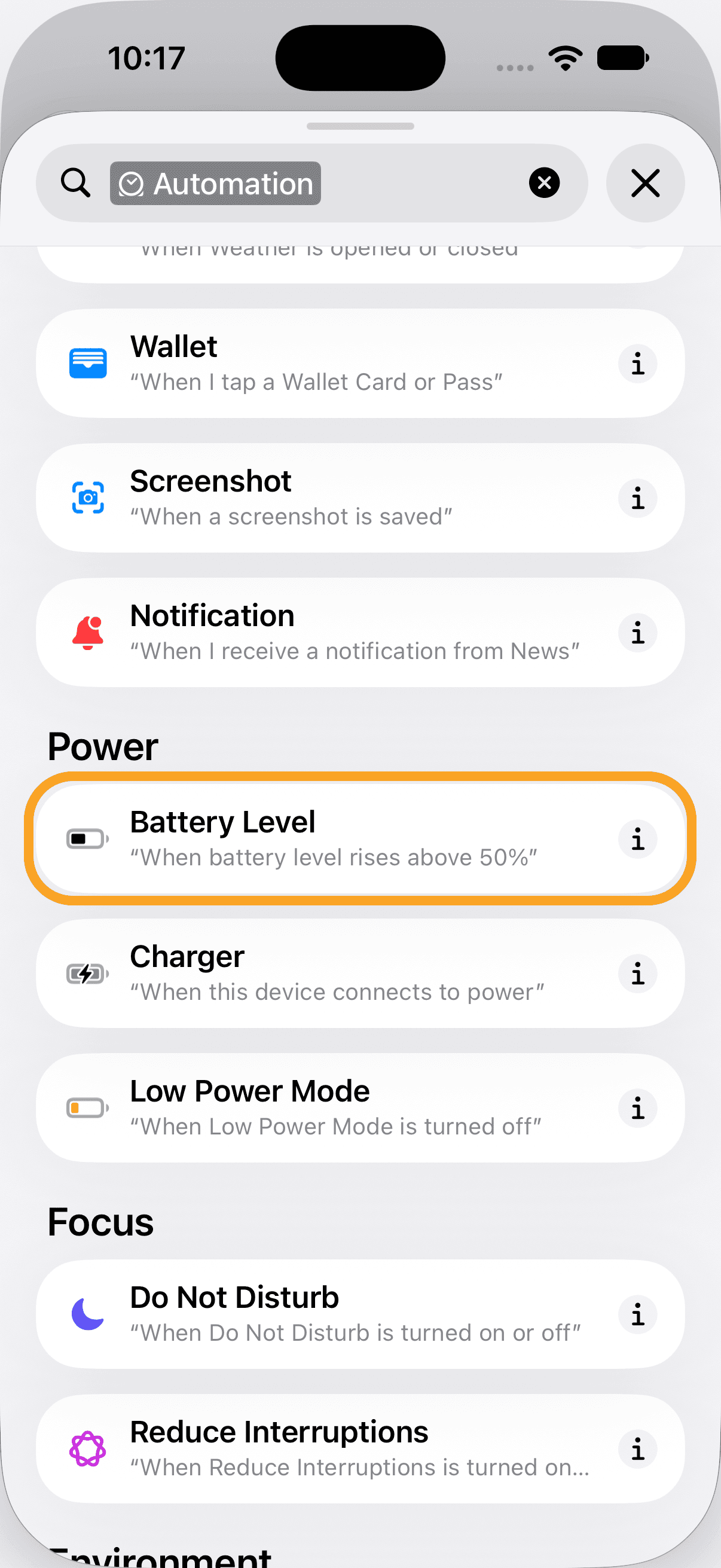 The Battery Level trigger in the Power section of the automation list