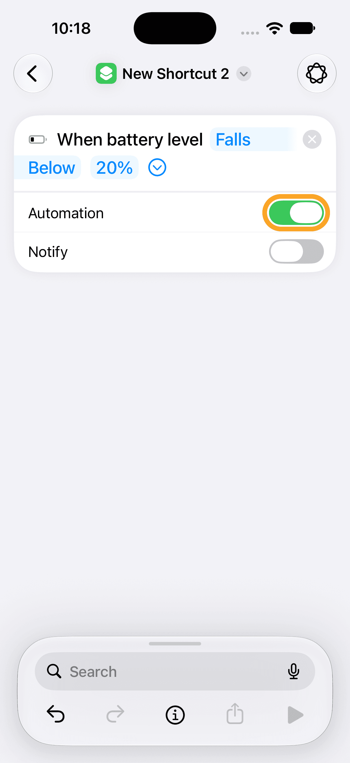 The Automation toggle turned on for the battery level trigger