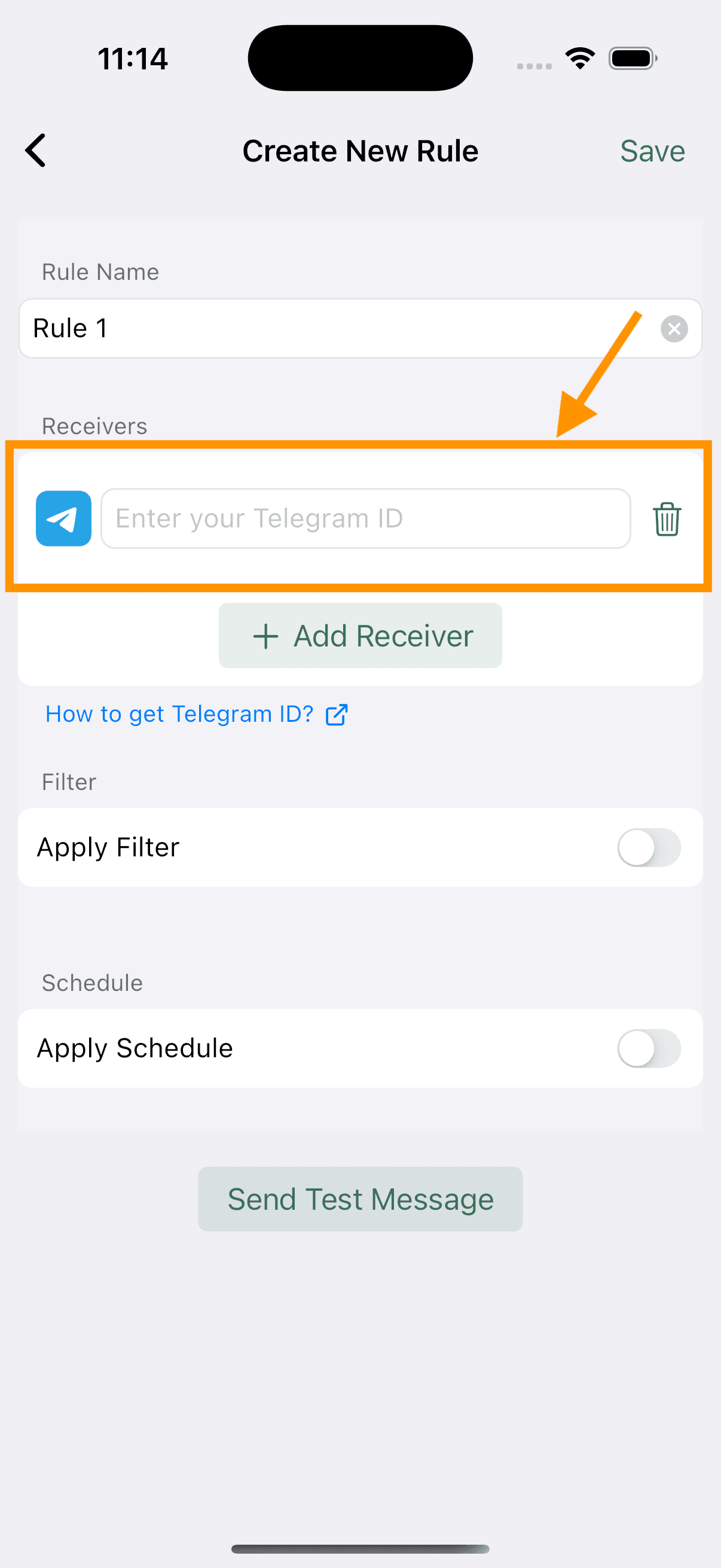 entering telegram chat ID in input