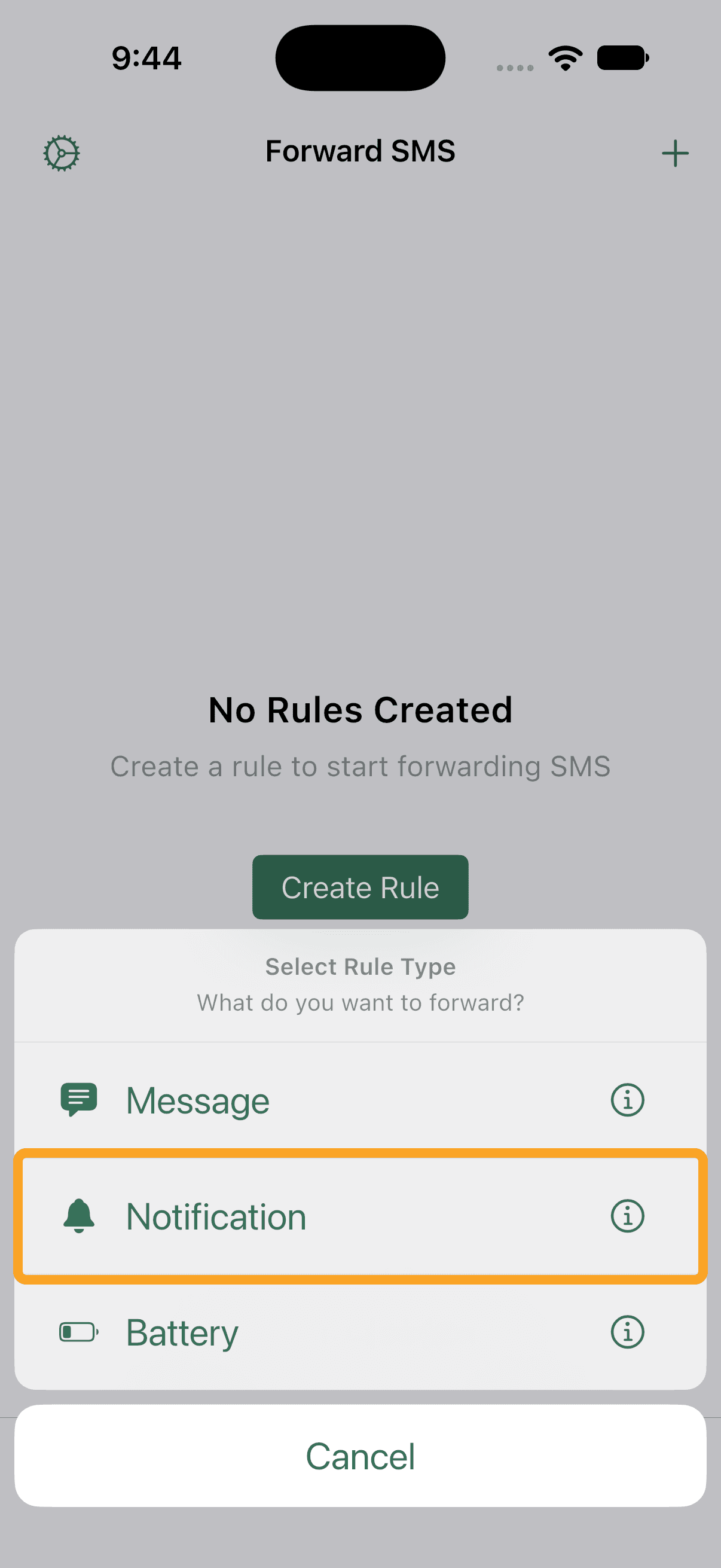 Choosing Notification in the Select Rule Type sheet