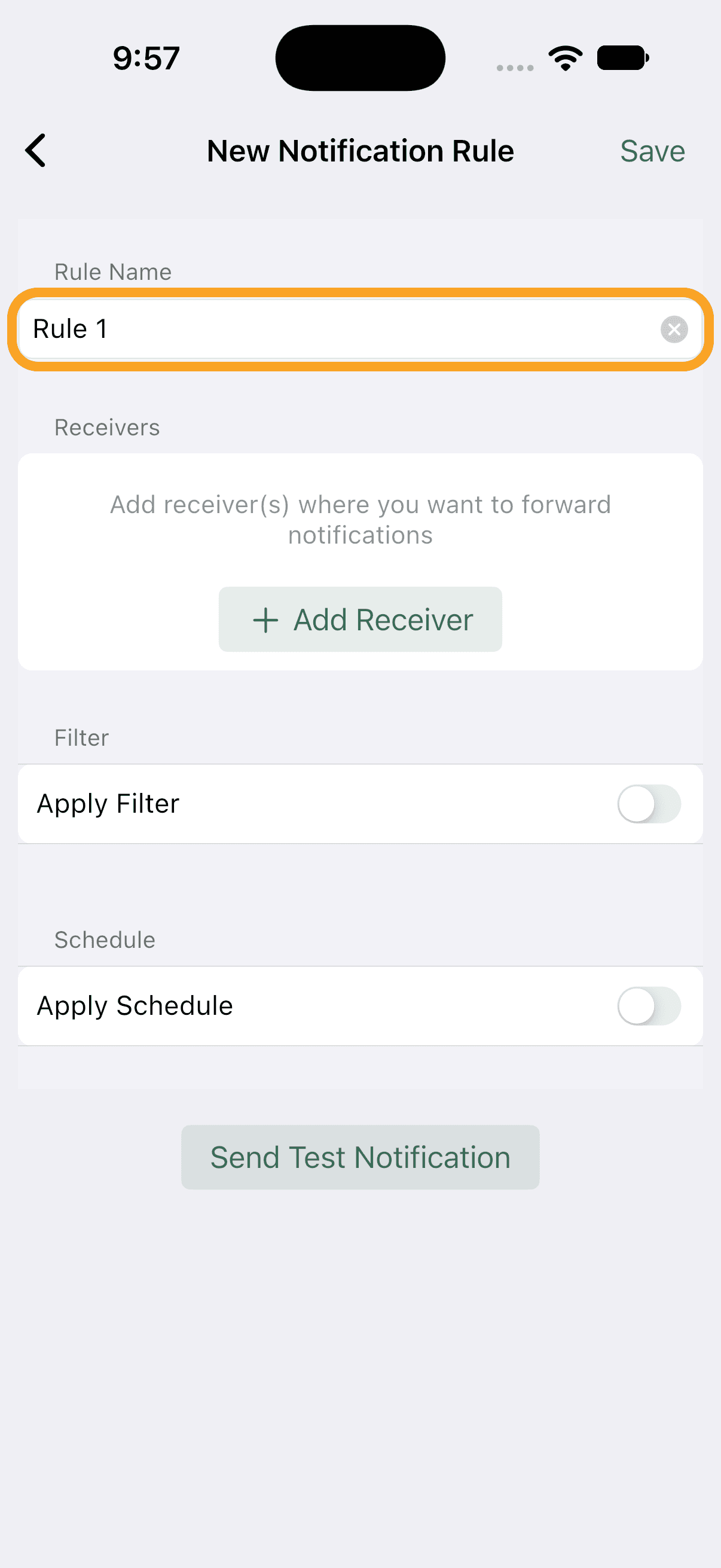 The Rule Name field on a new Notification rule