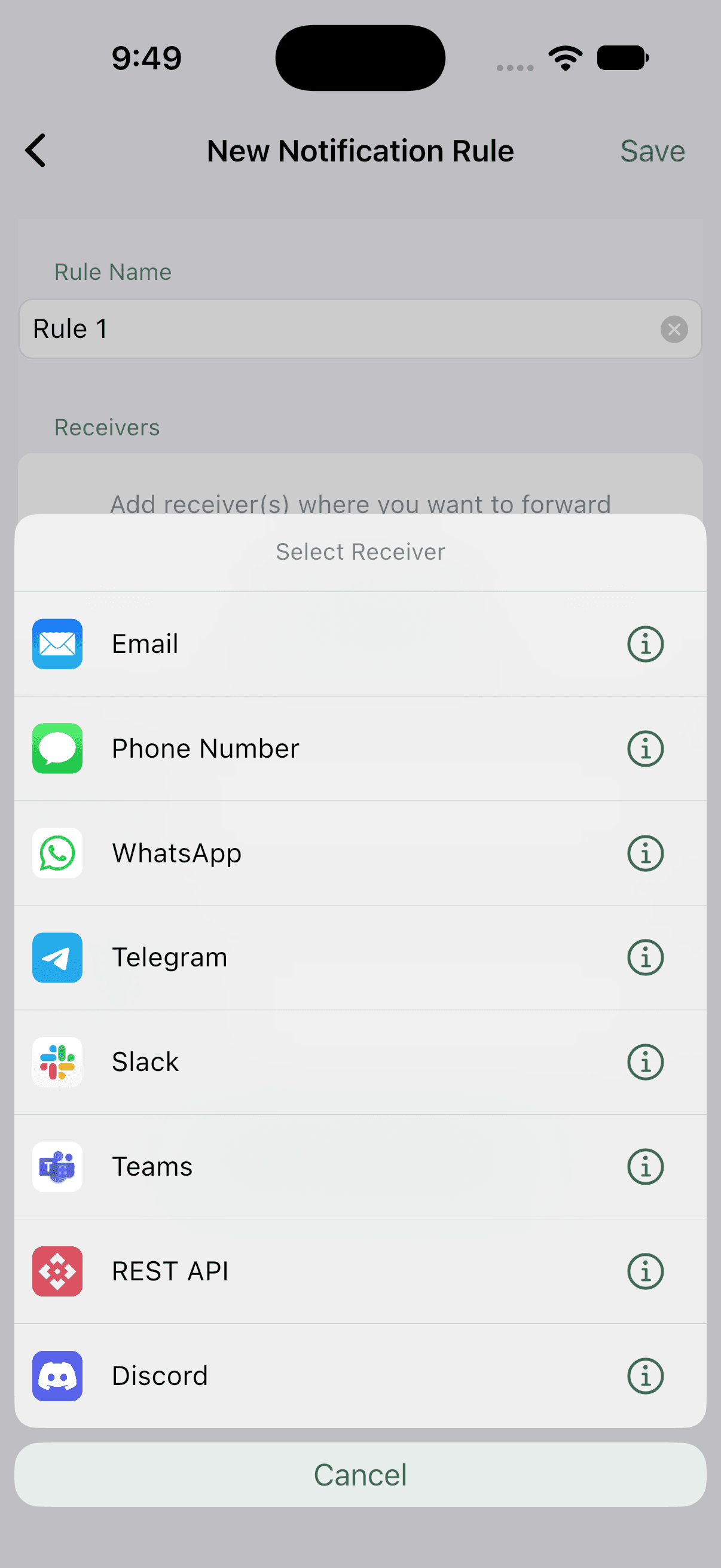 The list of receiver types: Email, Phone Number, WhatsApp, Telegram, Slack, Teams, REST API and Discord