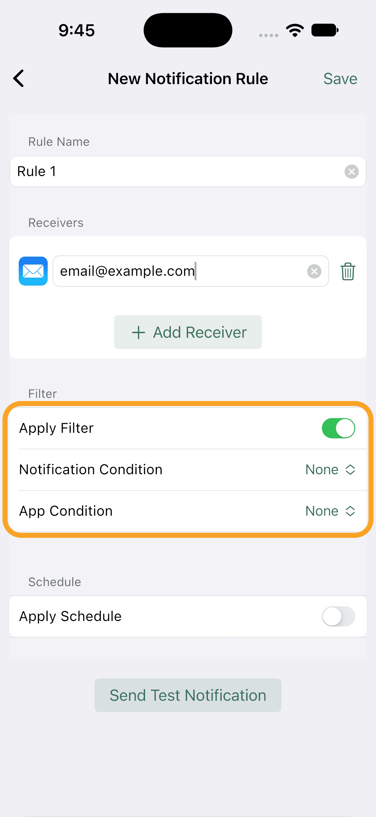 The Filter section with Notification Condition and App Condition