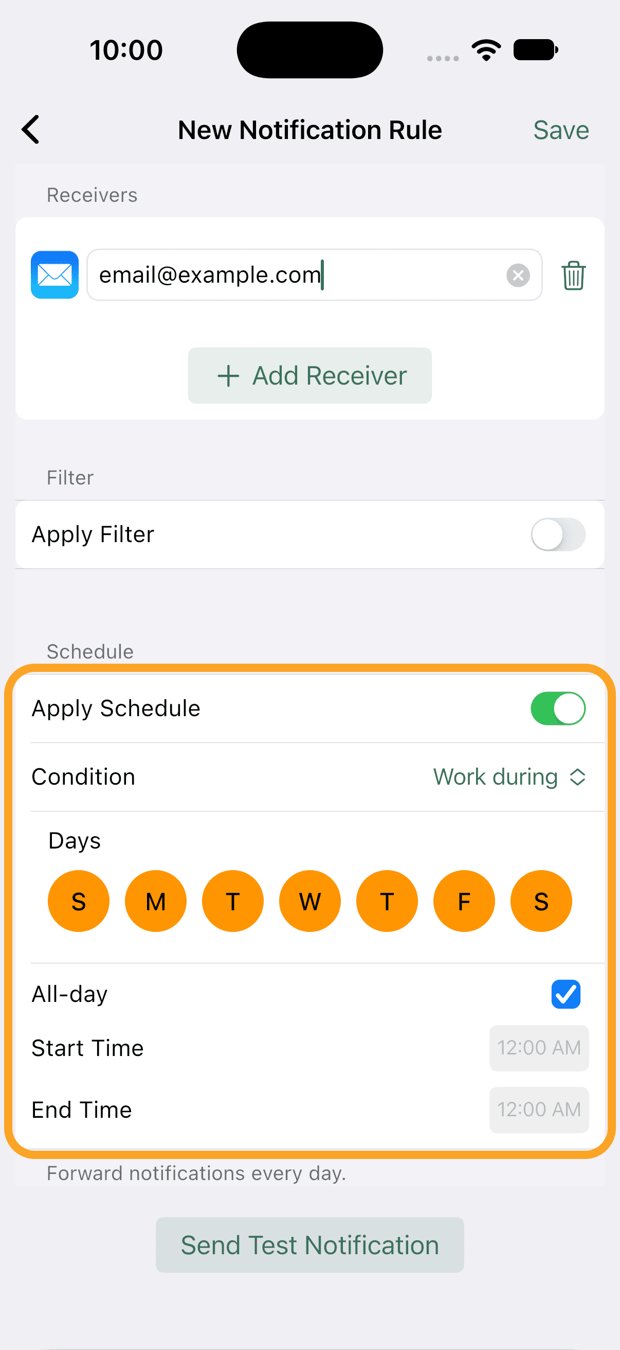 The Schedule section with condition, days and time range