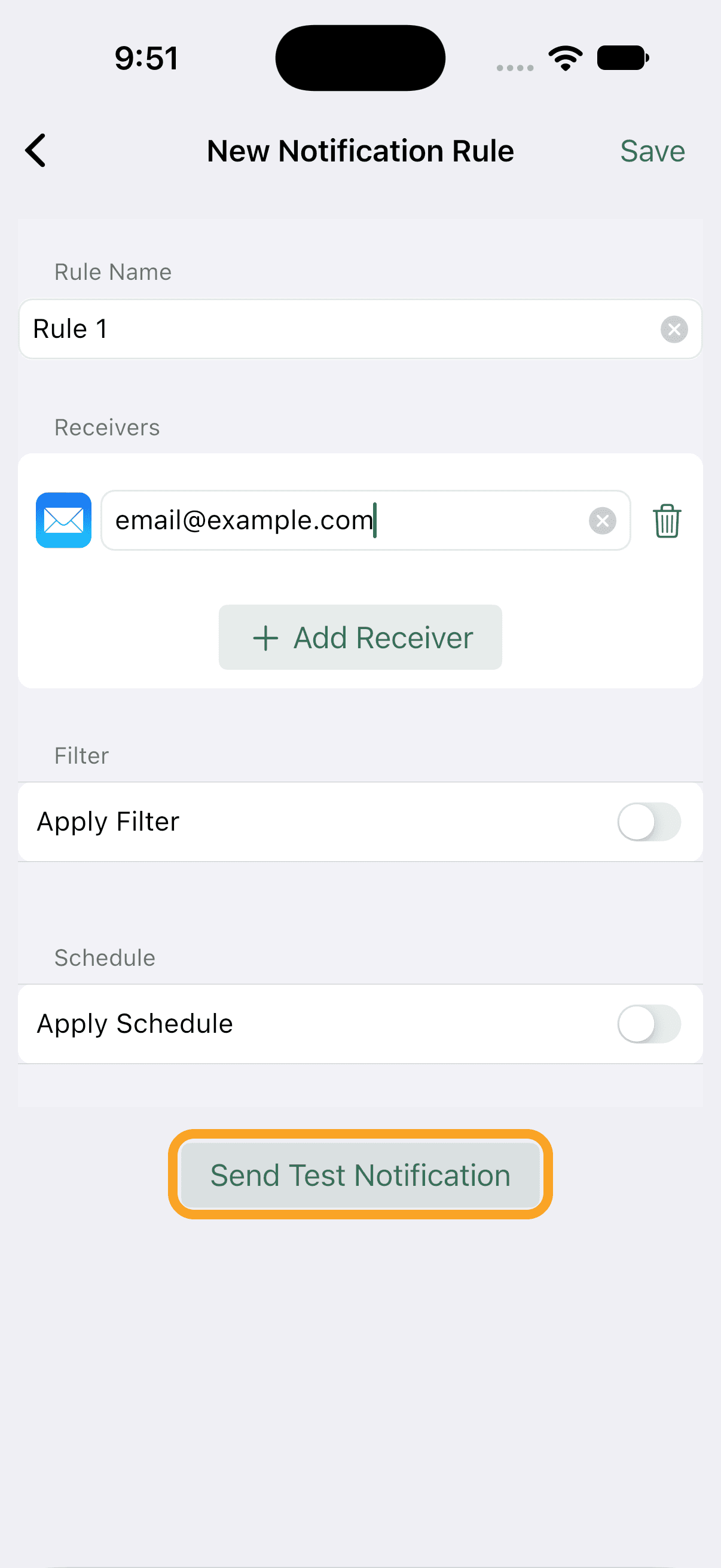 The Send Test Notification button
