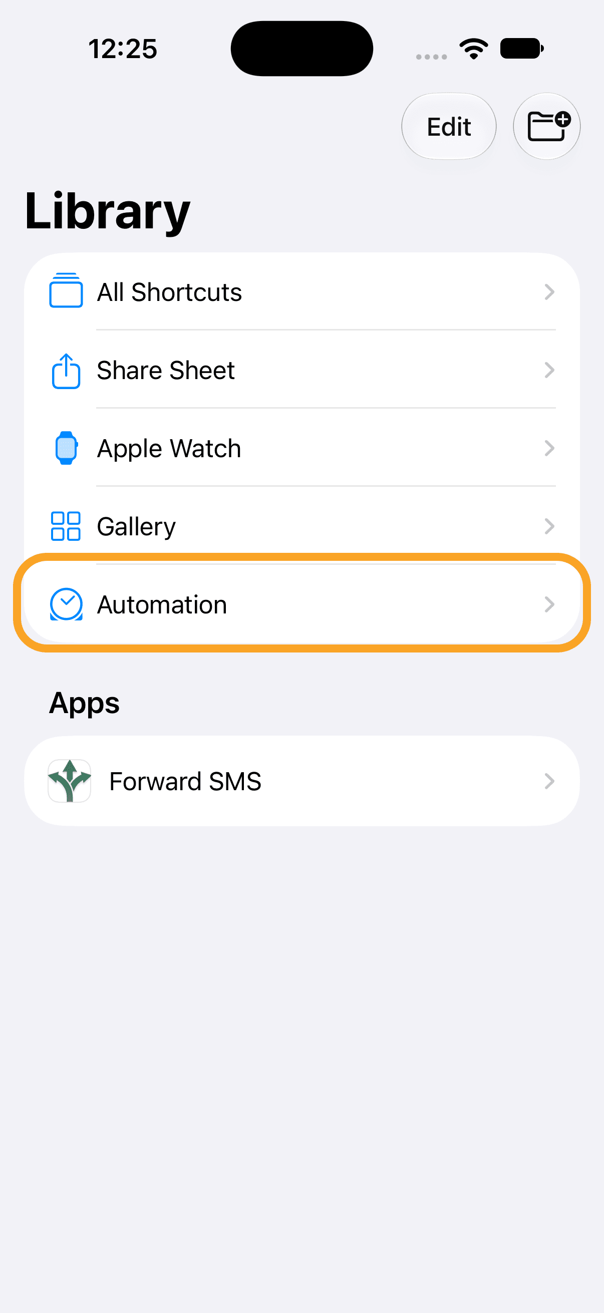 The Shortcuts Library with the Automation option