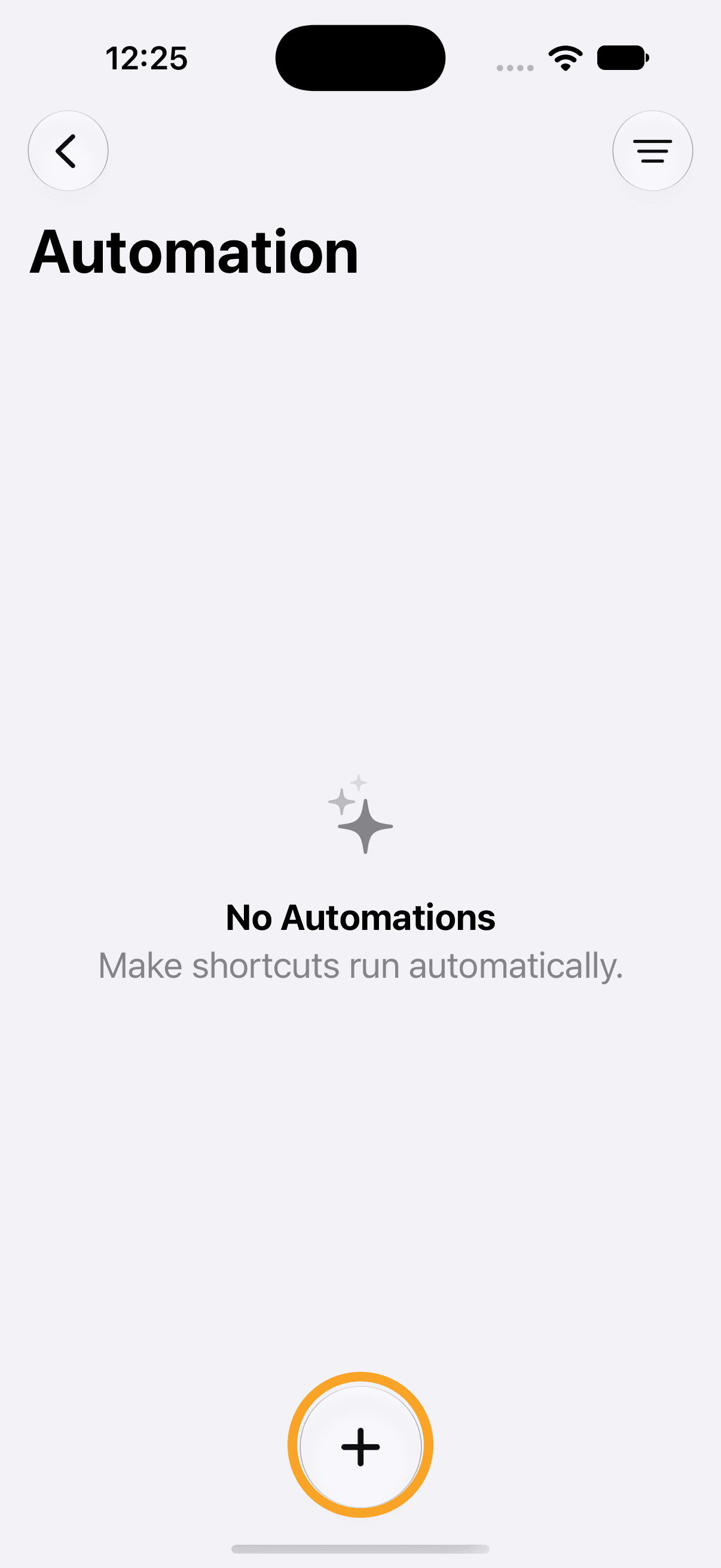 The empty Automation screen with the + button