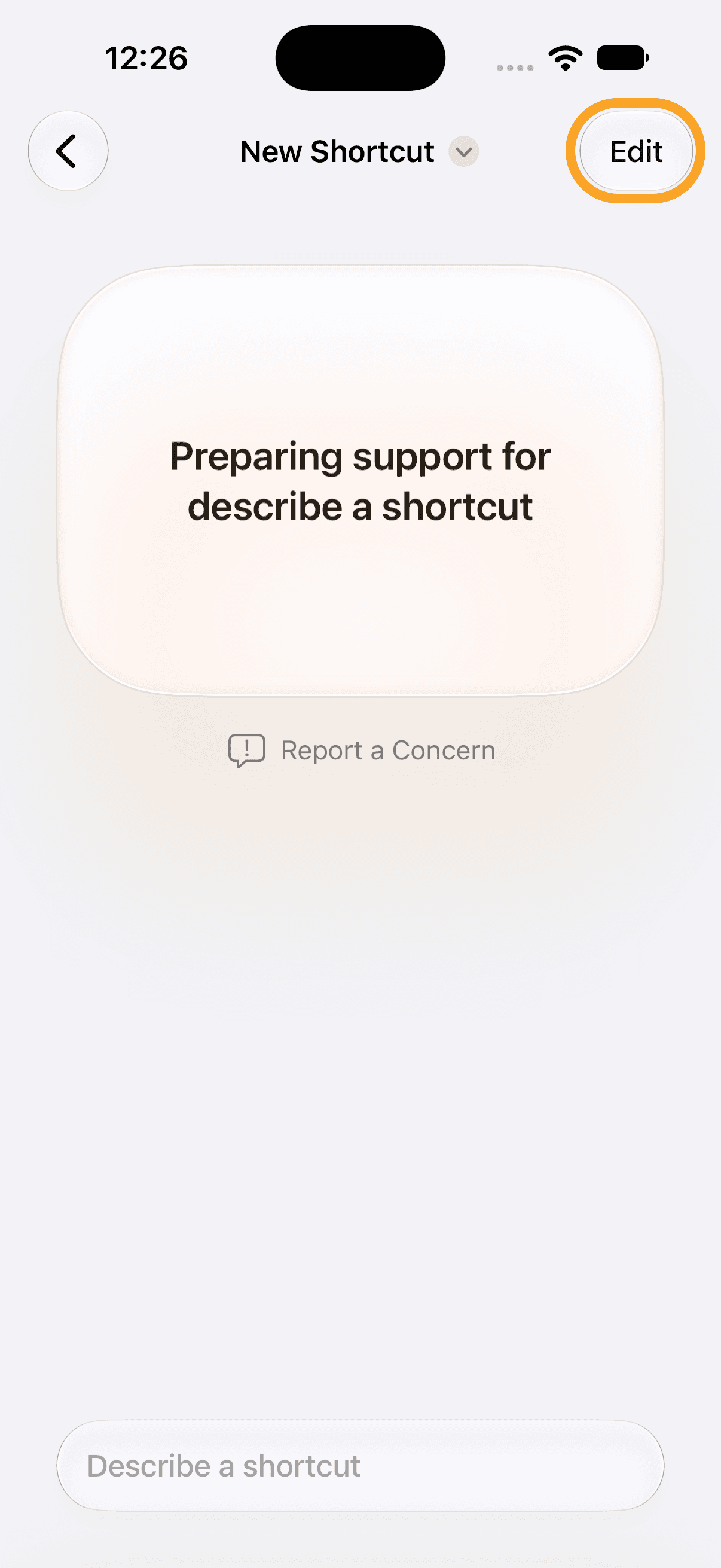 The New Shortcut screen with the Edit button at the top right