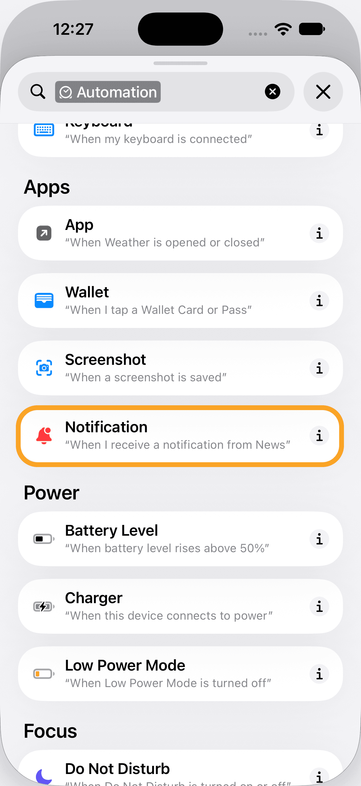 Selecting the Notification automation trigger