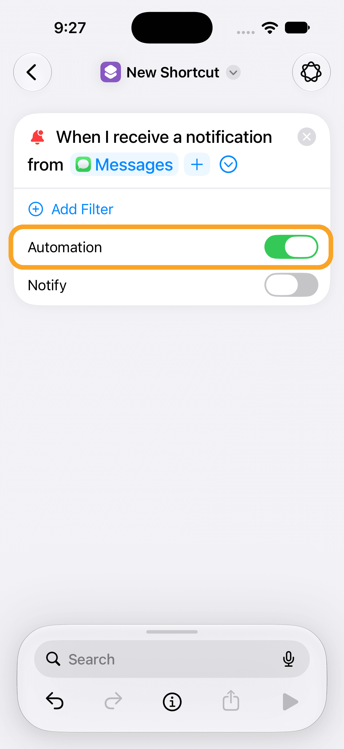 The Automation toggle turned on for the notification trigger