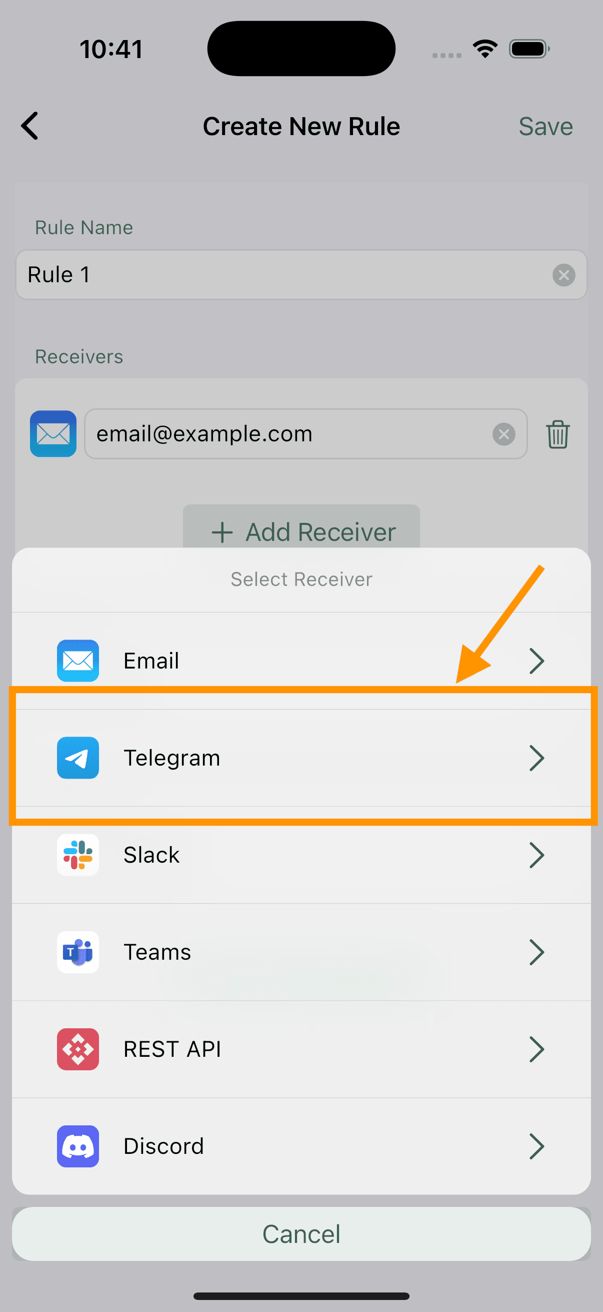 selecting Telegram option in forward sms app