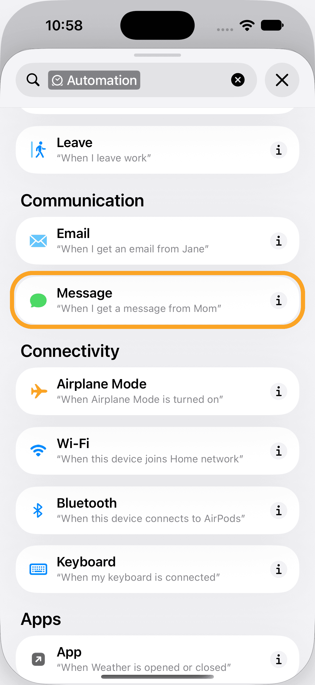The Message trigger in the Communication section of the automation list