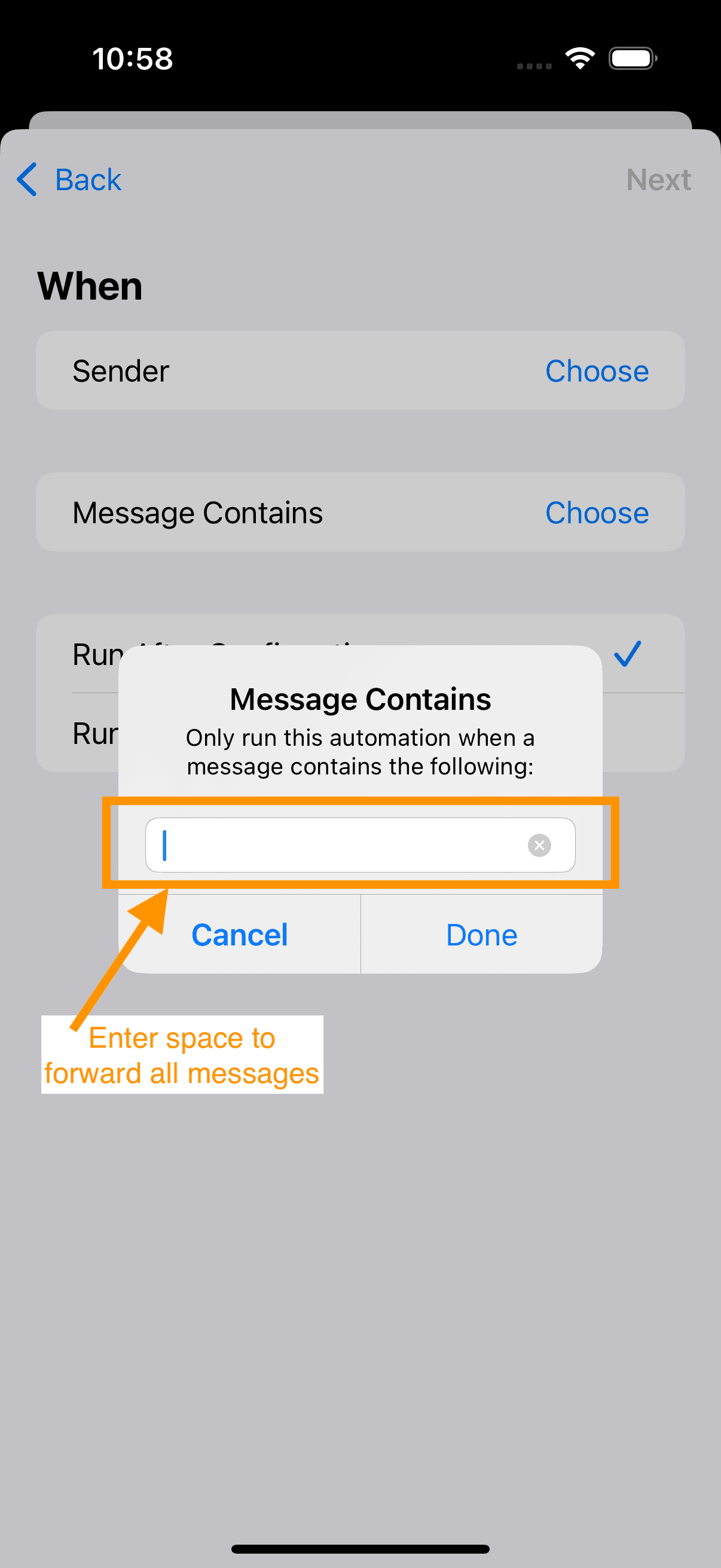 Set blank space in the message contains field to allow all senders.