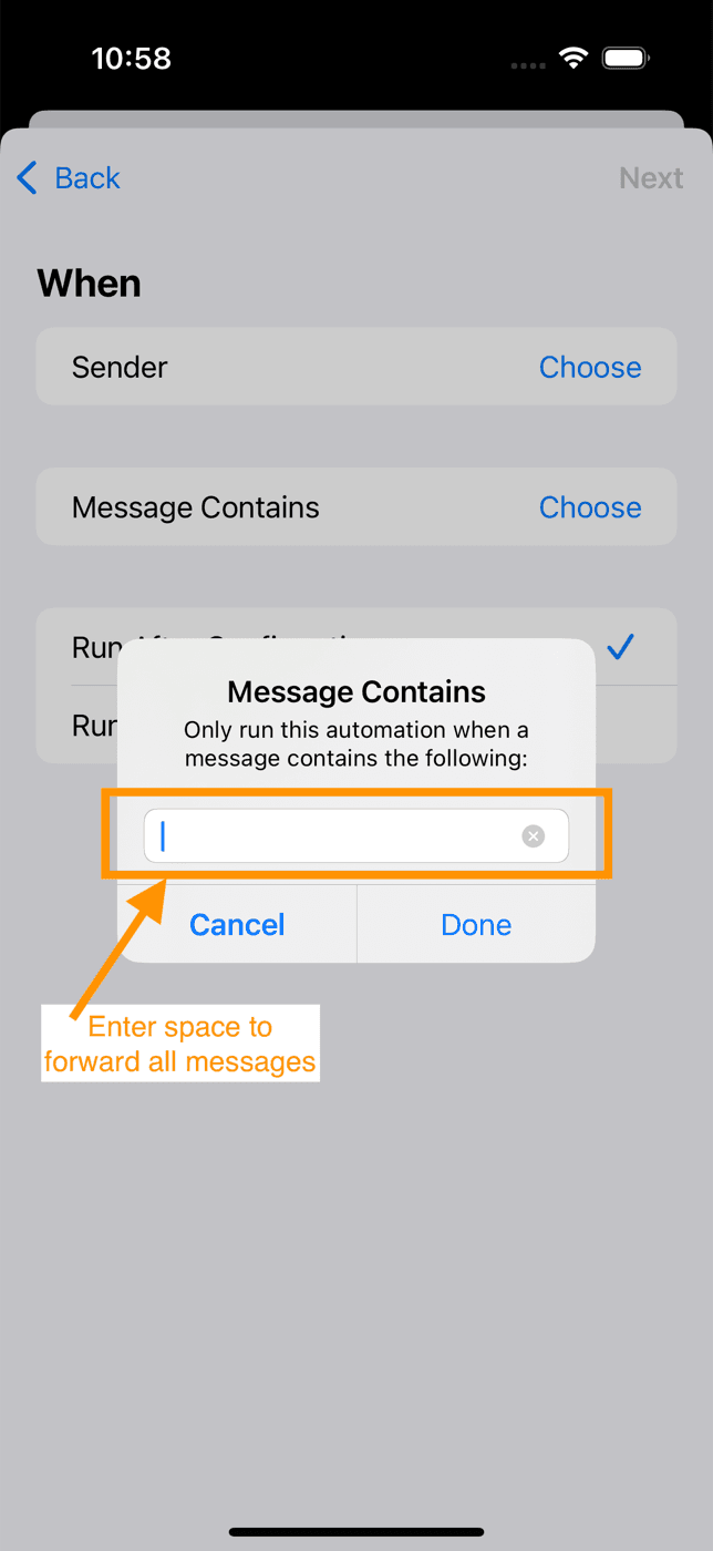 Entering a blank space in the Message Contains field to match all messages