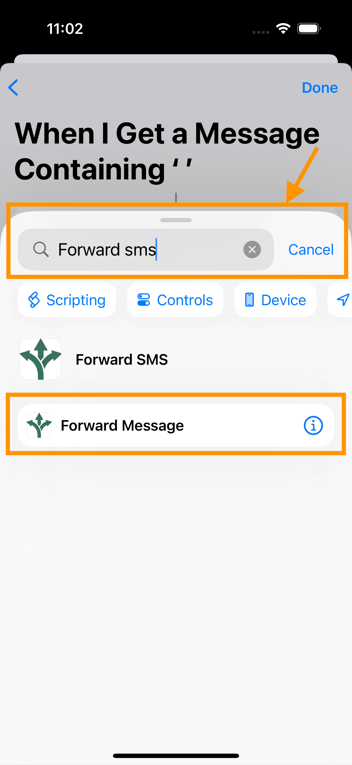 Searching for the Forward SMS action.