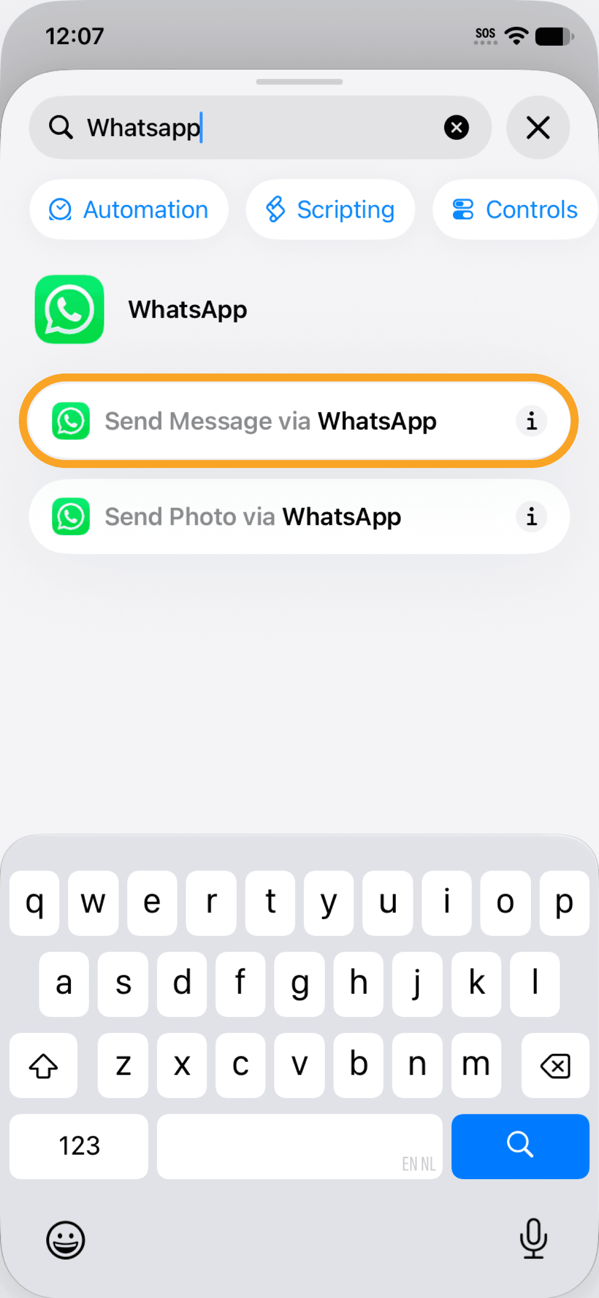 Send Message via WhatsApp in the search results