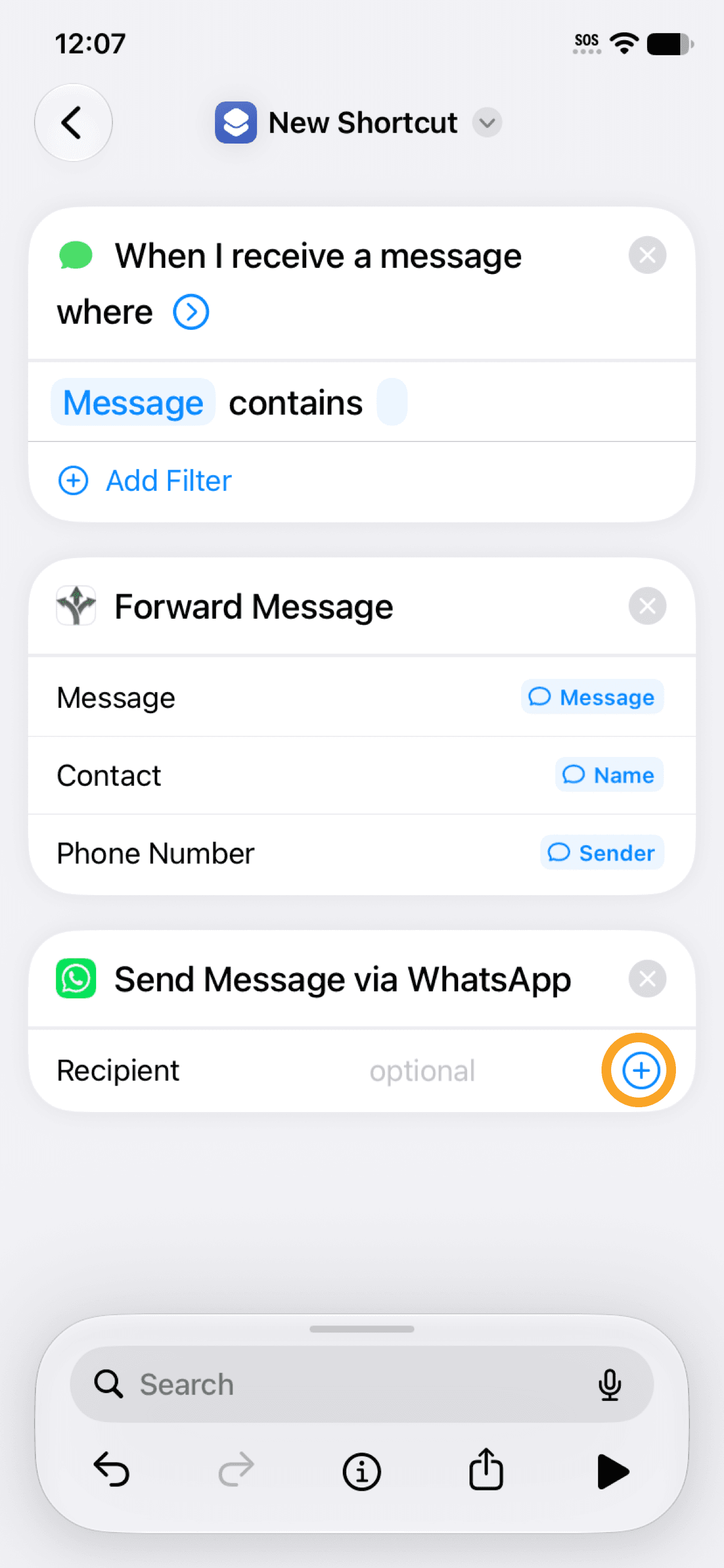The + button next to Recipient in the Send Message via WhatsApp action