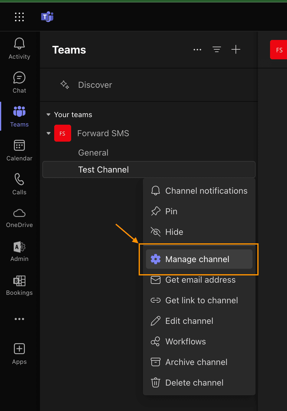 The Manage channel option in the channel menu
