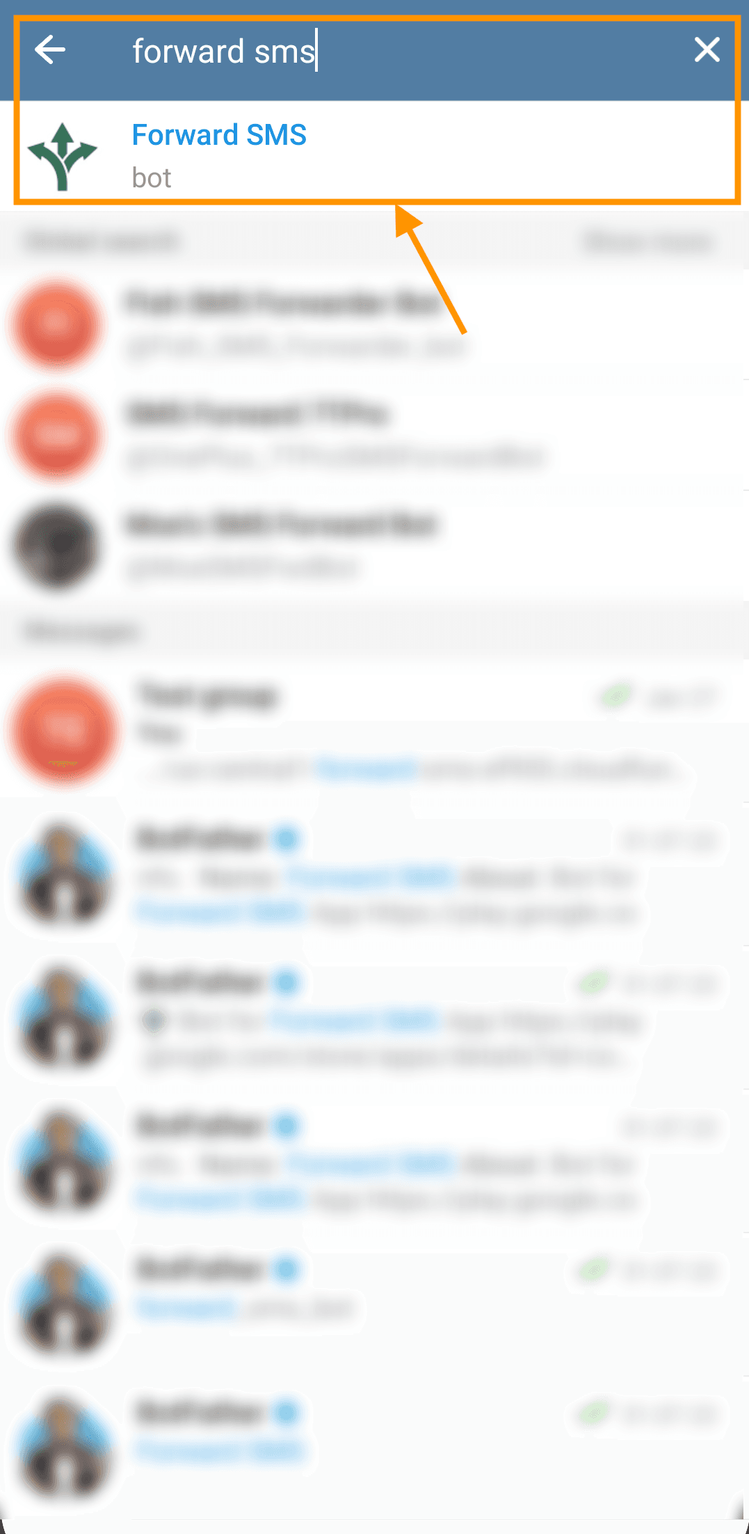 Searching for Forward SMS bot in Telegram App.