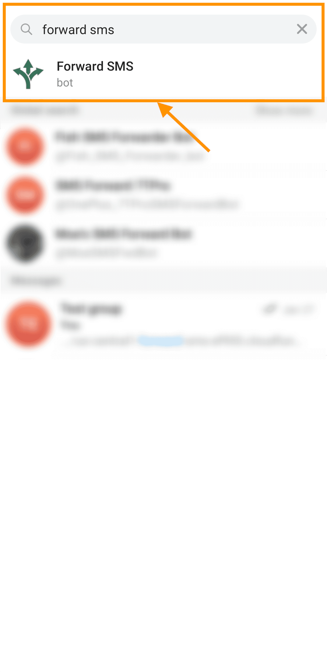 Searching for Forward SMS bot in Telegram App.