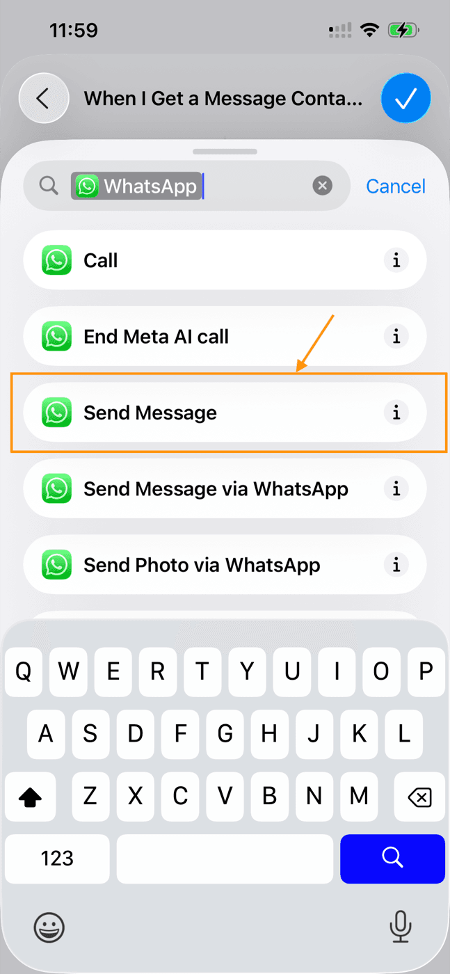Selecting the WhatsApp Send Message action